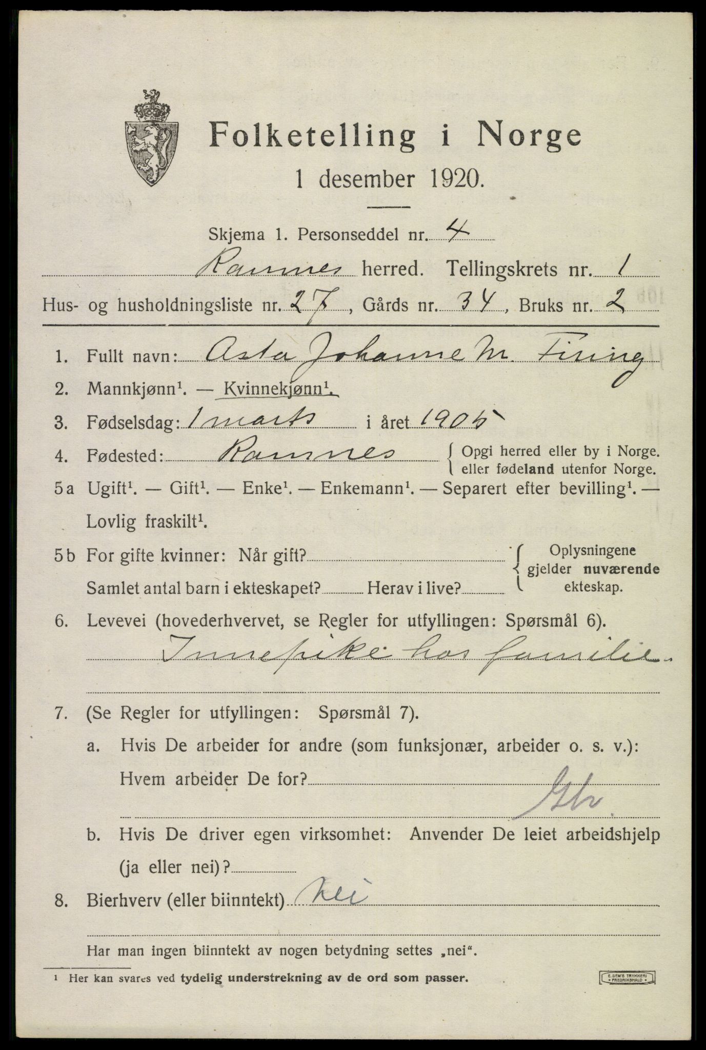 SAKO, 1920 census for Ramnes, 1920, p. 1474