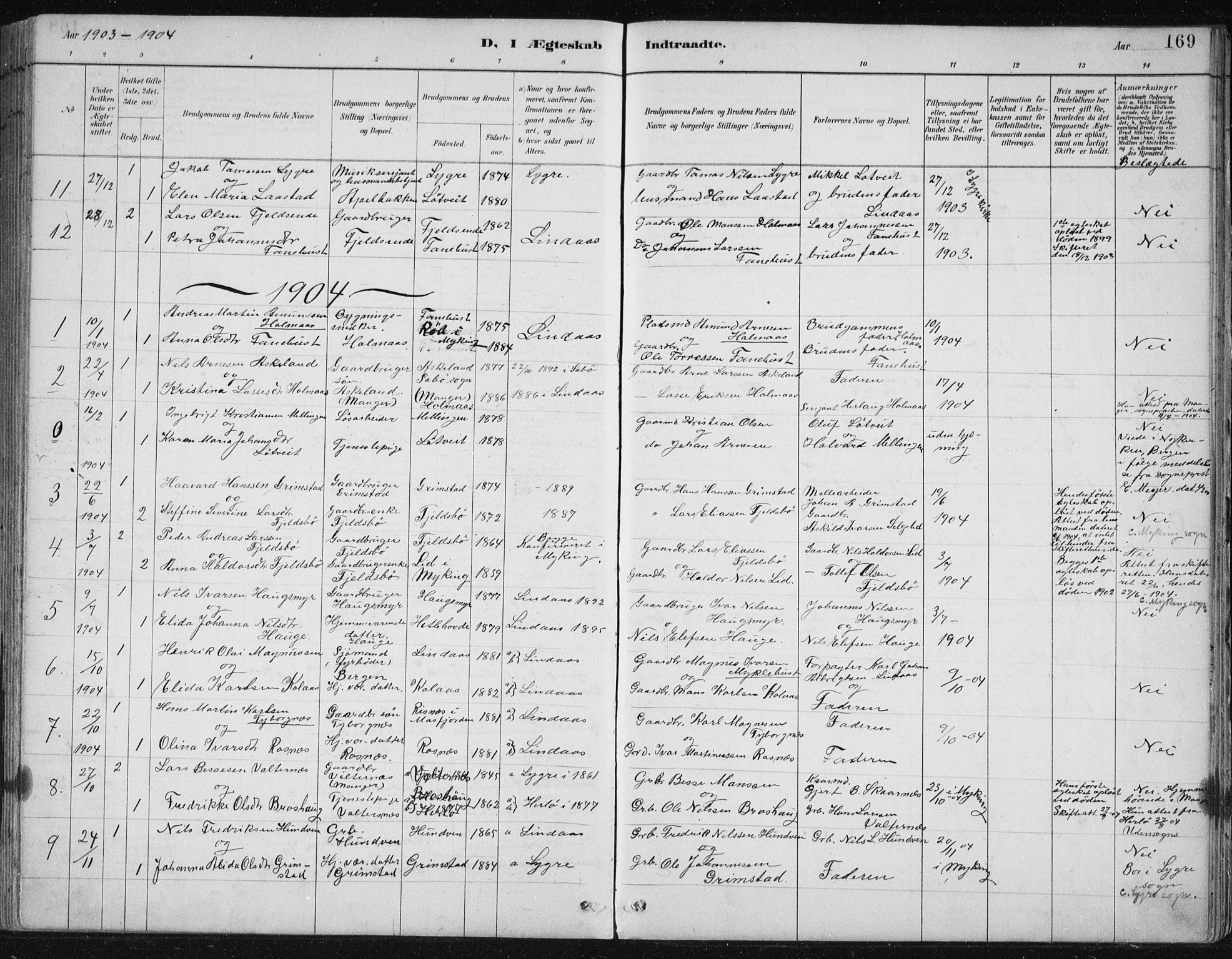 Lindås Sokneprestembete, SAB/A-76701/H/Hab: Parish register (copy) no. B 3, 1886-1914, p. 169