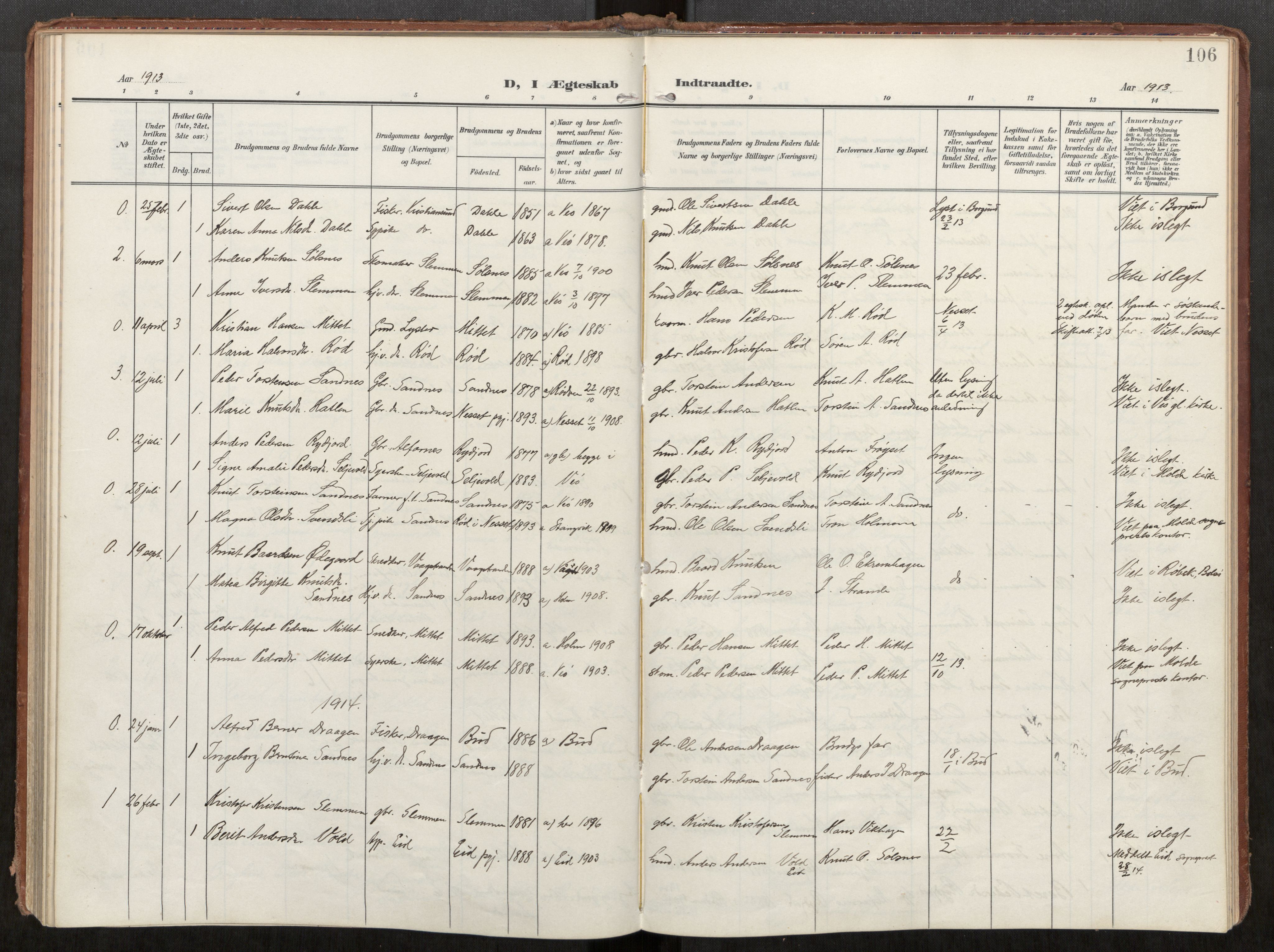 Ministerialprotokoller, klokkerbøker og fødselsregistre - Møre og Romsdal, SAT/A-1454/549/L0618: Parish register (official) no. 549A01, 1906-1927, p. 106