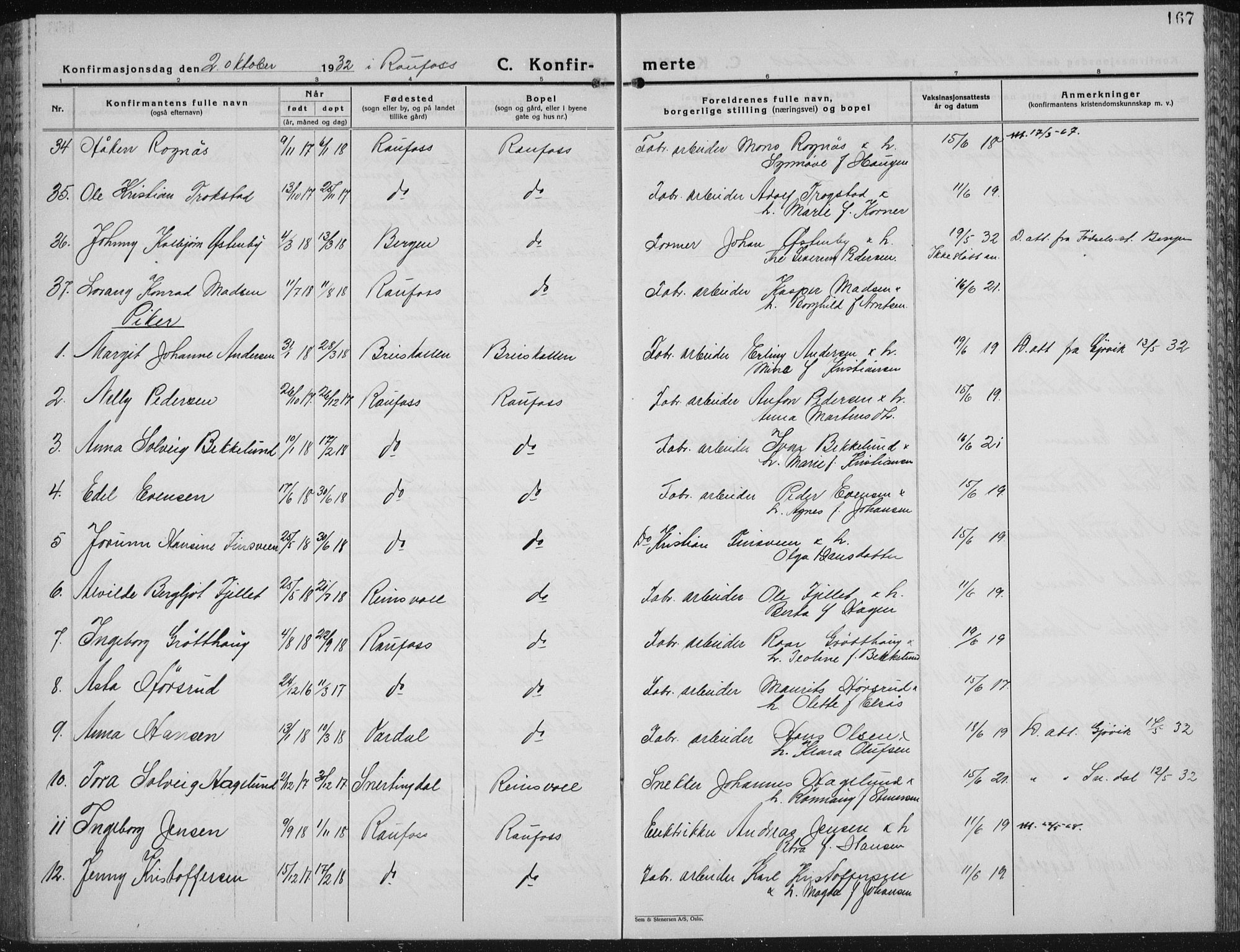 Vestre Toten prestekontor, AV/SAH-PREST-108/H/Ha/Hab/L0018: Parish register (copy) no. 18, 1928-1941, p. 167