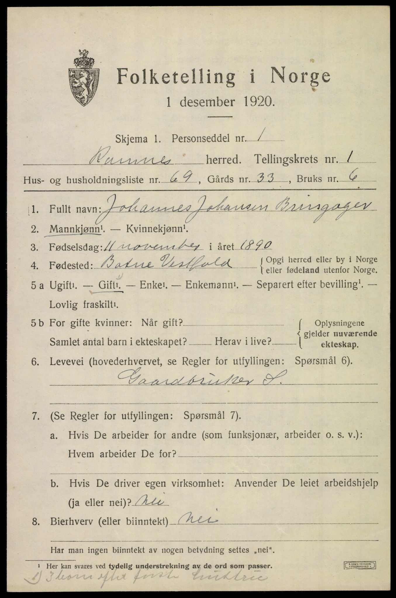 SAKO, 1920 census for Ramnes, 1920, p. 1980