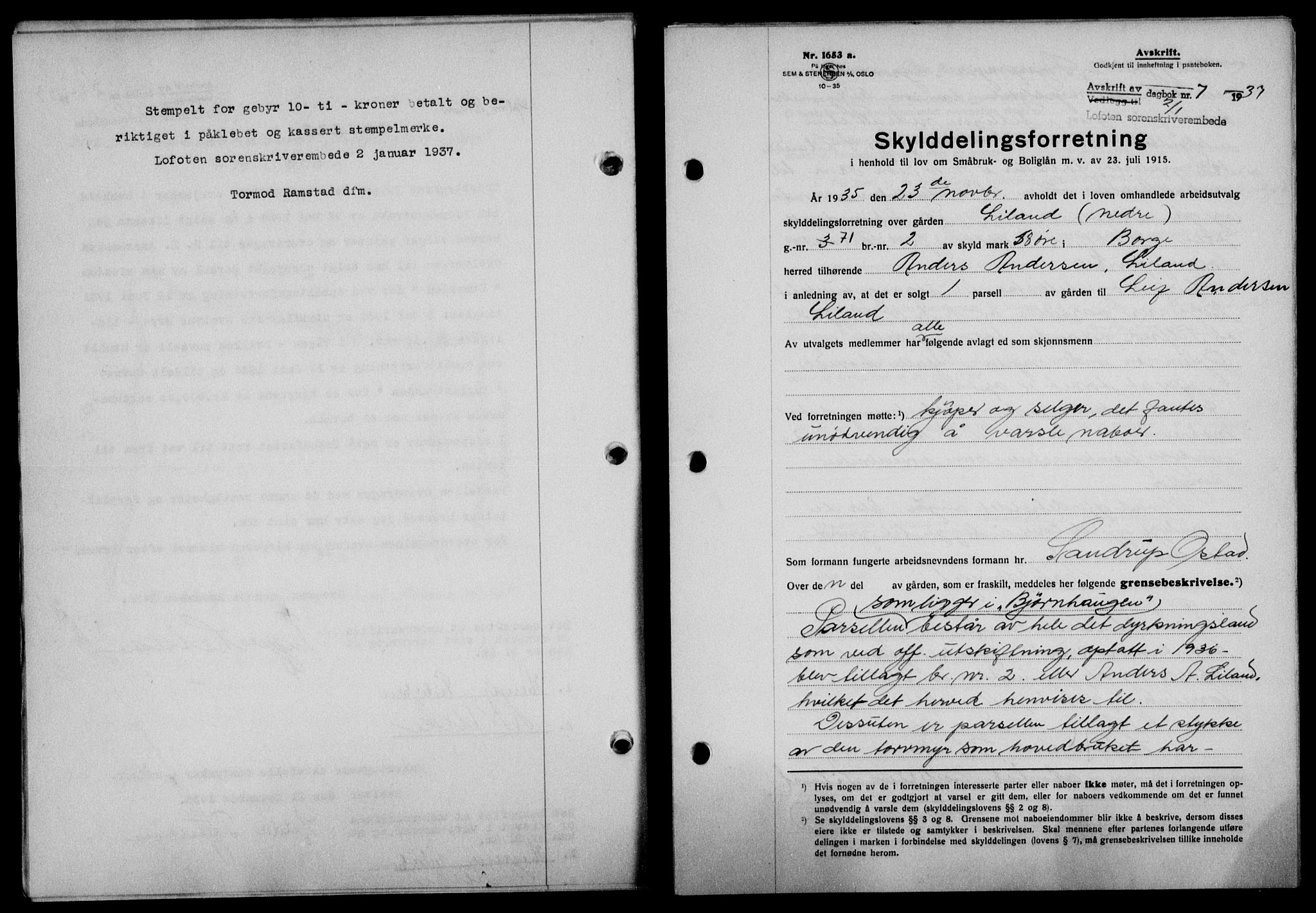 Lofoten sorenskriveri, SAT/A-0017/1/2/2C/L0001a: Mortgage book no. 1a, 1936-1937, Diary no: : 7/1937