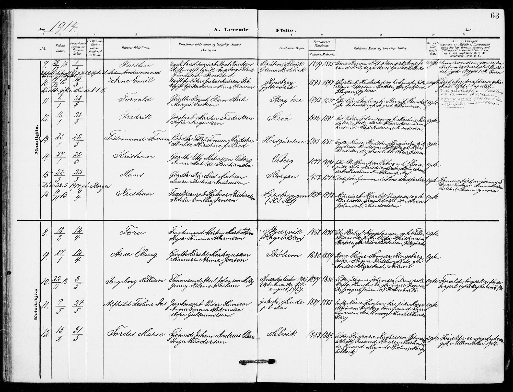 Sande Kirkebøker, AV/SAKO-A-53/F/Fa/L0008: Parish register (official) no. 8, 1904-1921, p. 63
