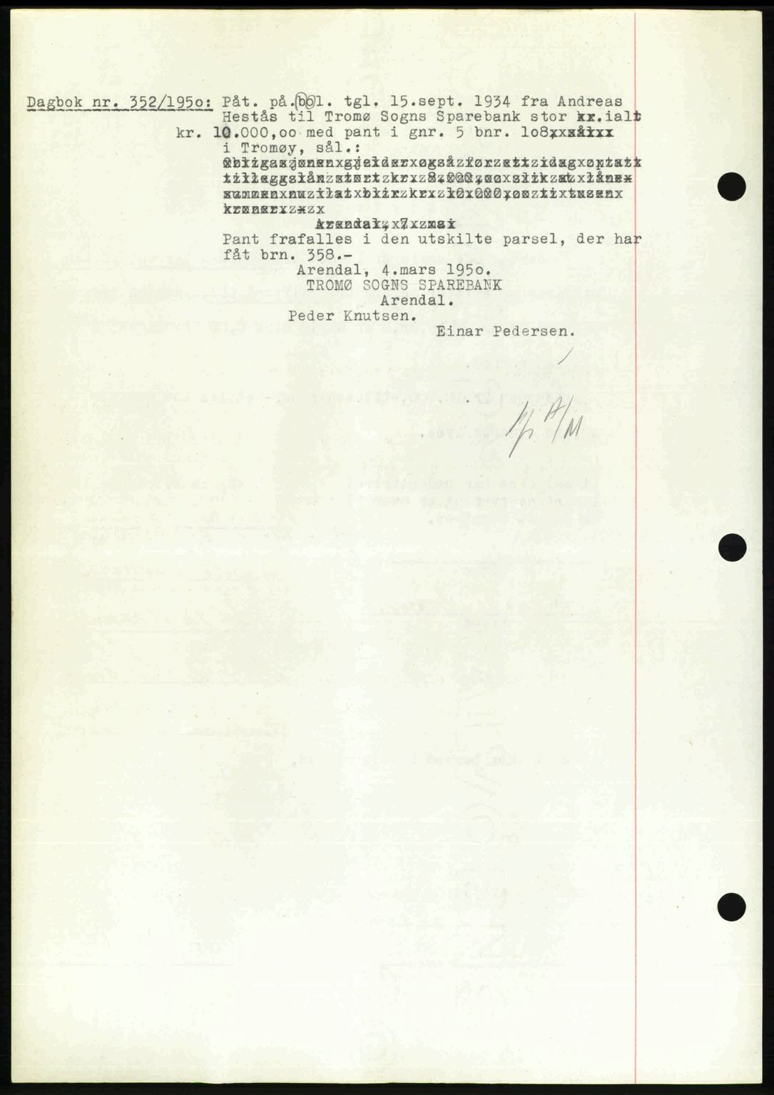Nedenes sorenskriveri, AV/SAK-1221-0006/G/Gb/Gba/L0062: Mortgage book no. A14, 1949-1950, Diary no: : 352/1950