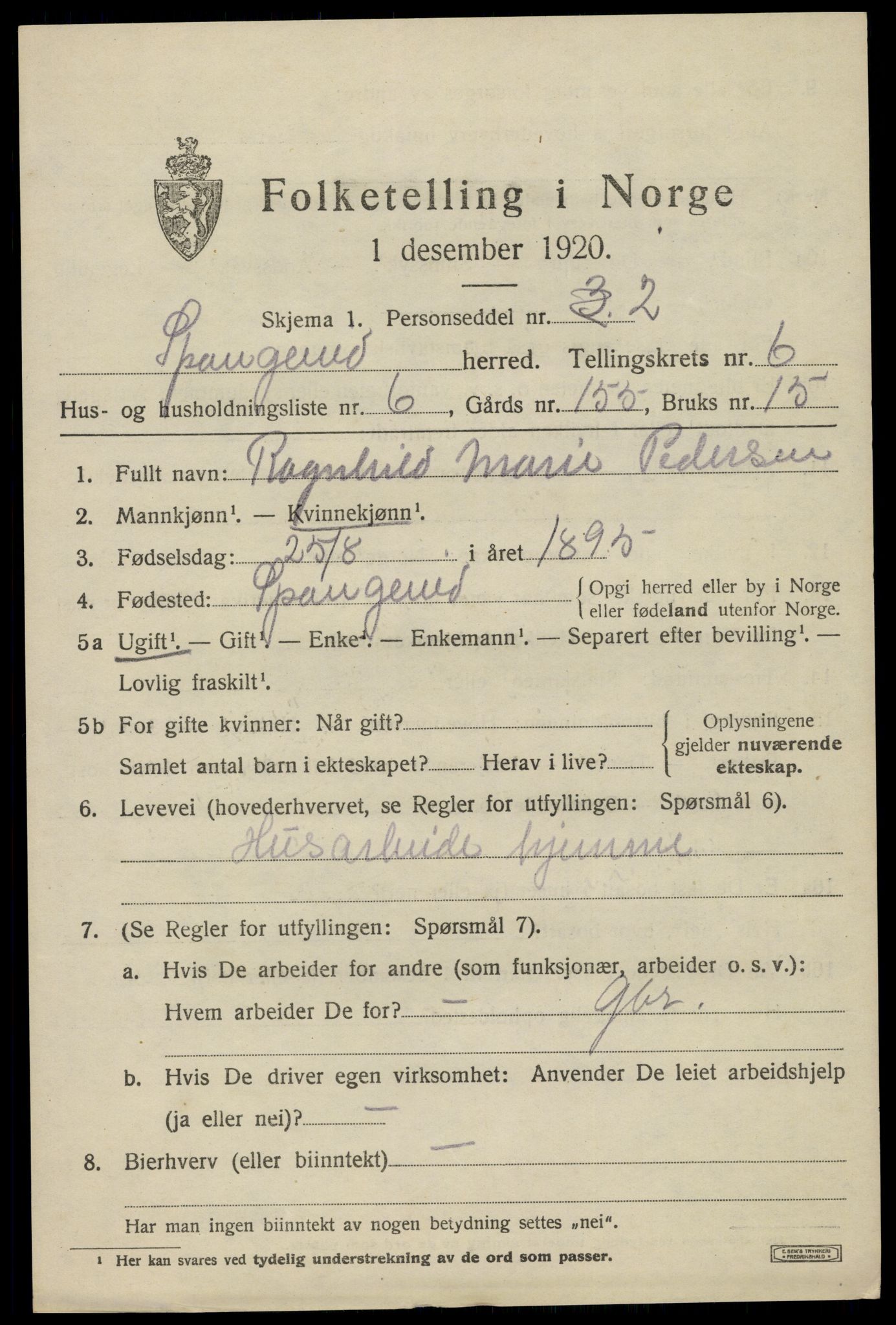 SAK, 1920 census for Spangereid, 1920, p. 2243