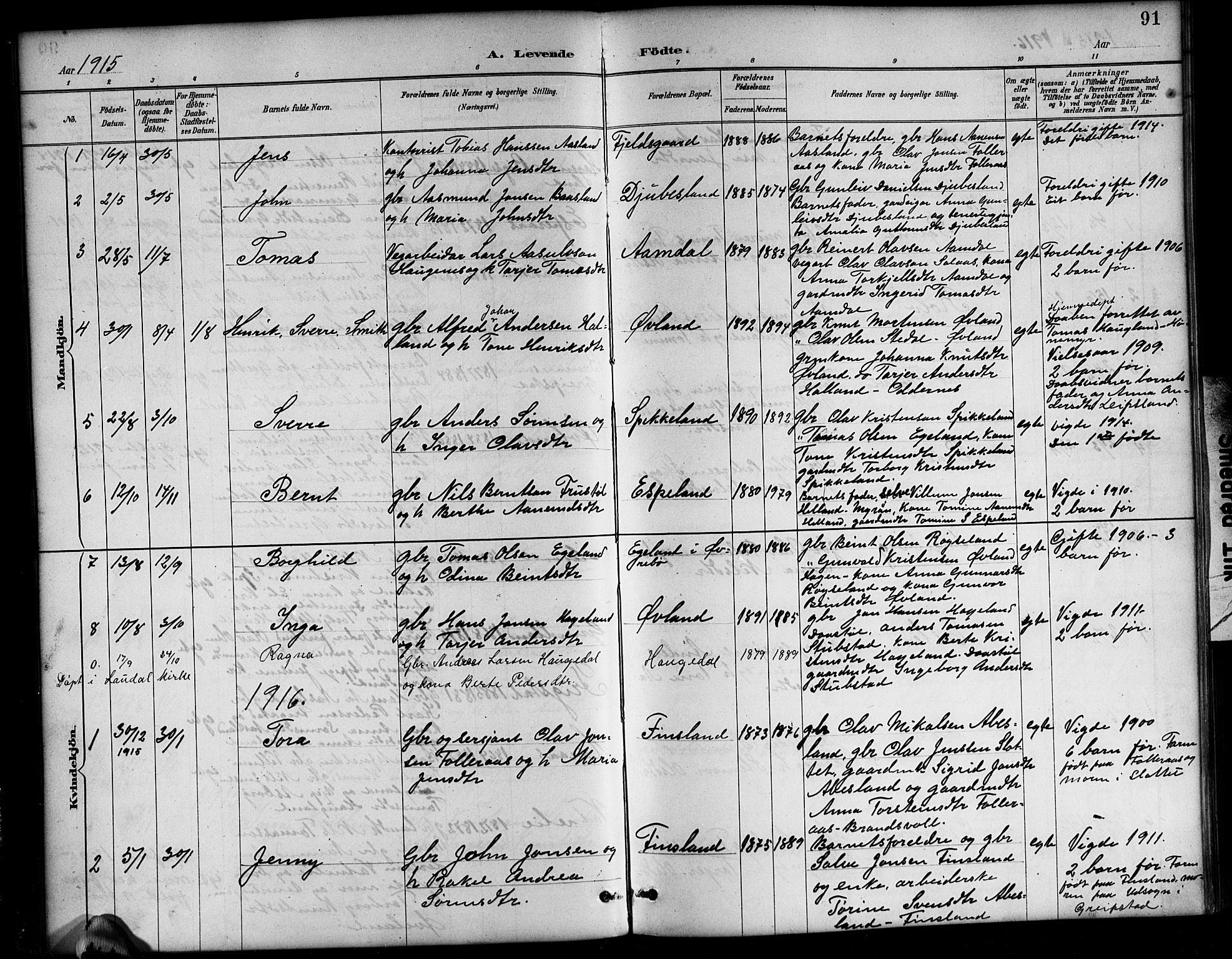 Bjelland sokneprestkontor, SAK/1111-0005/F/Fb/Fbb/L0005: Parish register (copy) no. B 5, 1887-1918, p. 91