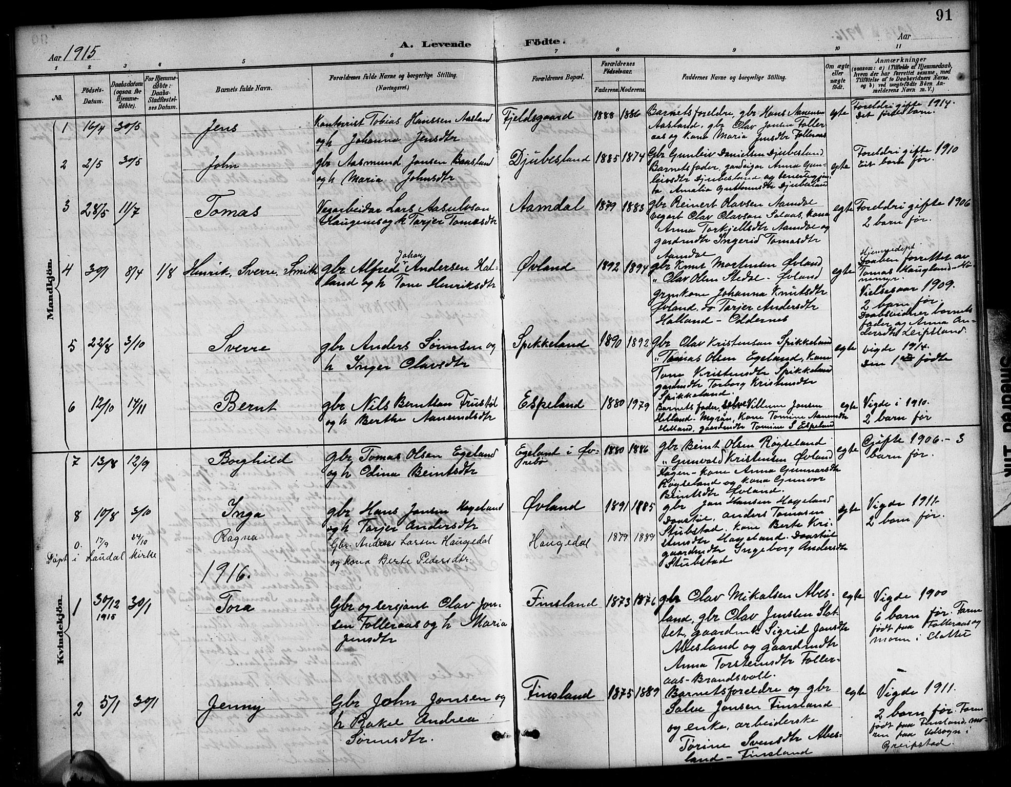 Bjelland sokneprestkontor, AV/SAK-1111-0005/F/Fb/Fbb/L0005: Parish register (copy) no. B 5, 1887-1918, p. 91