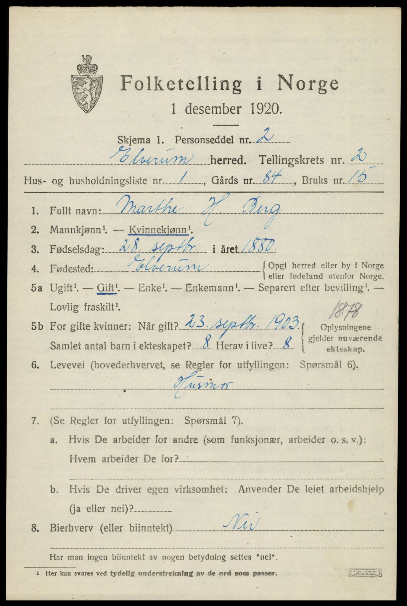 SAH, 1920 census for Elverum, 1920, p. 4596