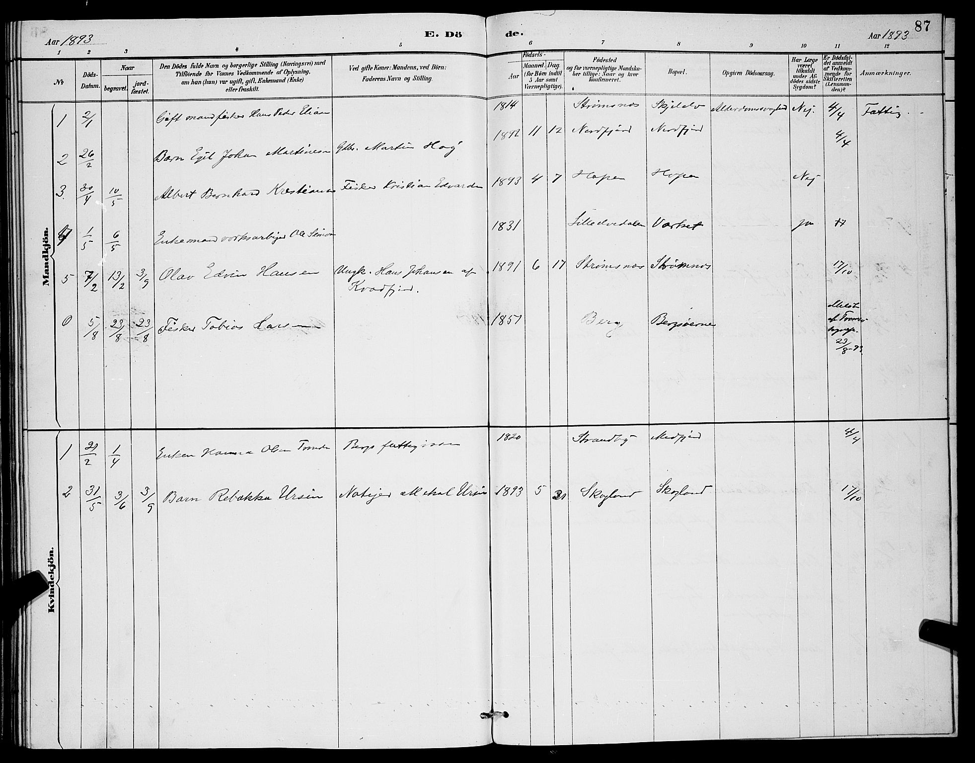 Berg sokneprestkontor, SATØ/S-1318/G/Ga/Gab/L0004klokker: Parish register (copy) no. 4, 1887-1897, p. 87