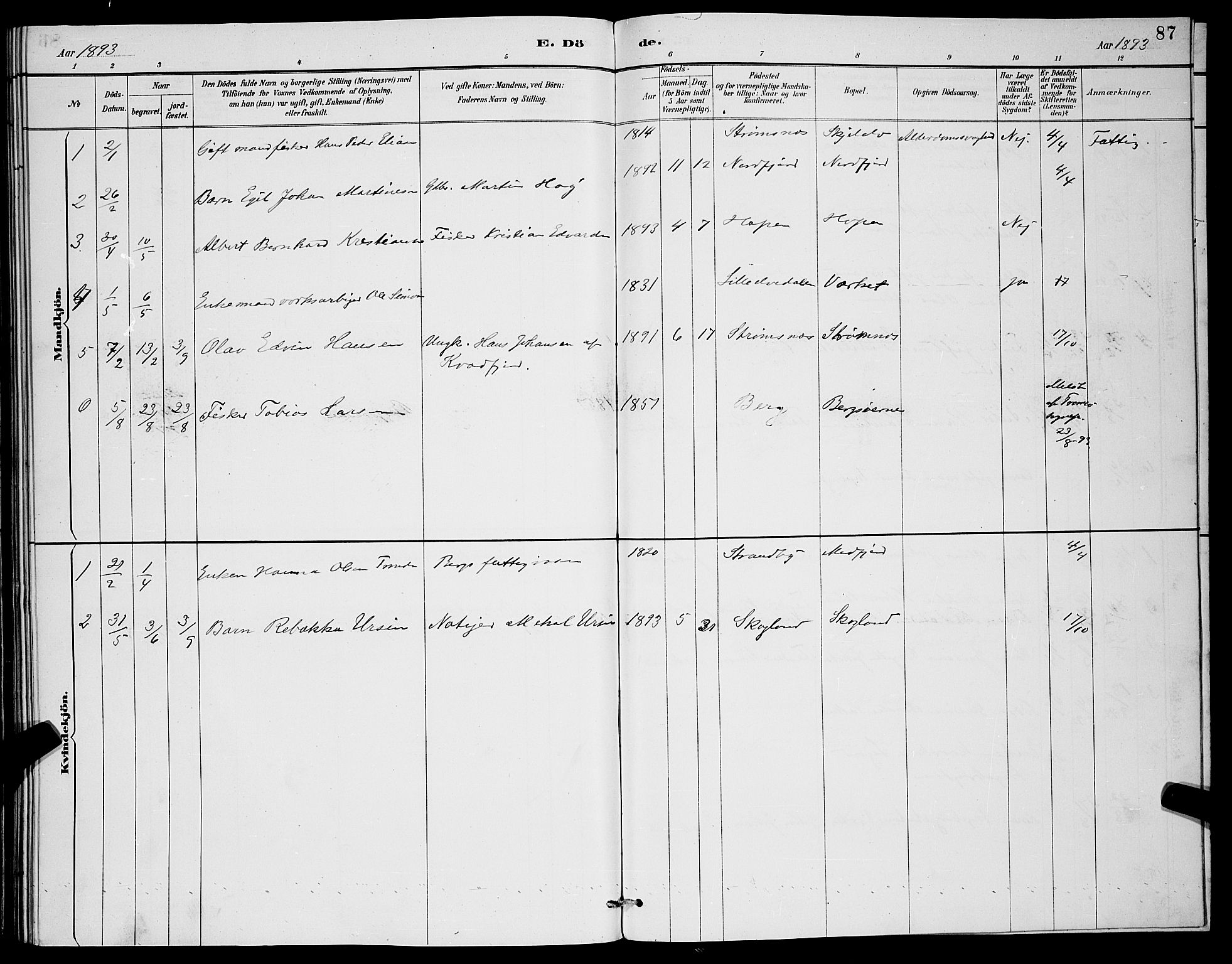 Berg sokneprestkontor, AV/SATØ-S-1318/G/Ga/Gab/L0004klokker: Parish register (copy) no. 4, 1887-1897, p. 87