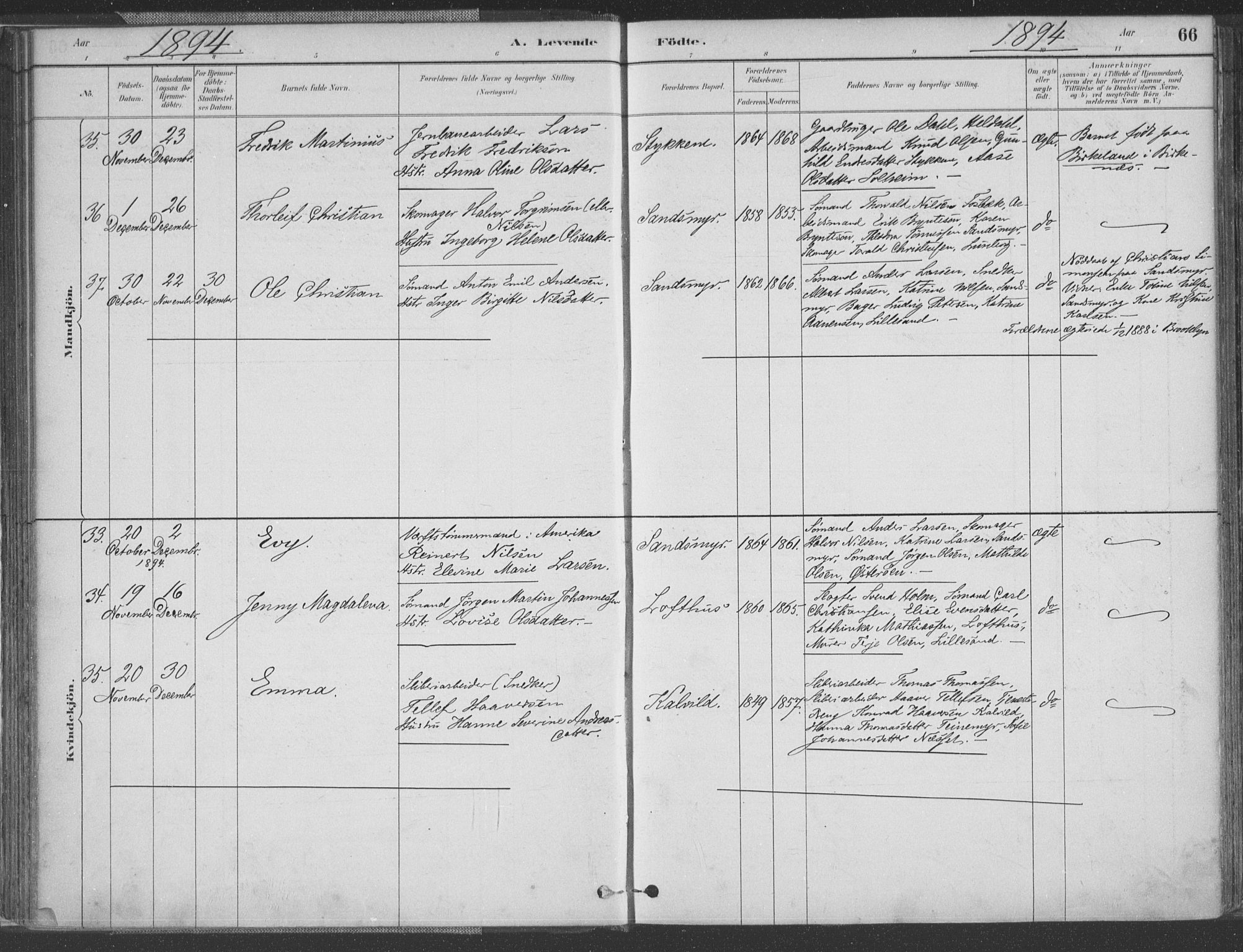 Vestre Moland sokneprestkontor, AV/SAK-1111-0046/F/Fa/Fab/L0009: Parish register (official) no. A 9, 1884-1899, p. 66