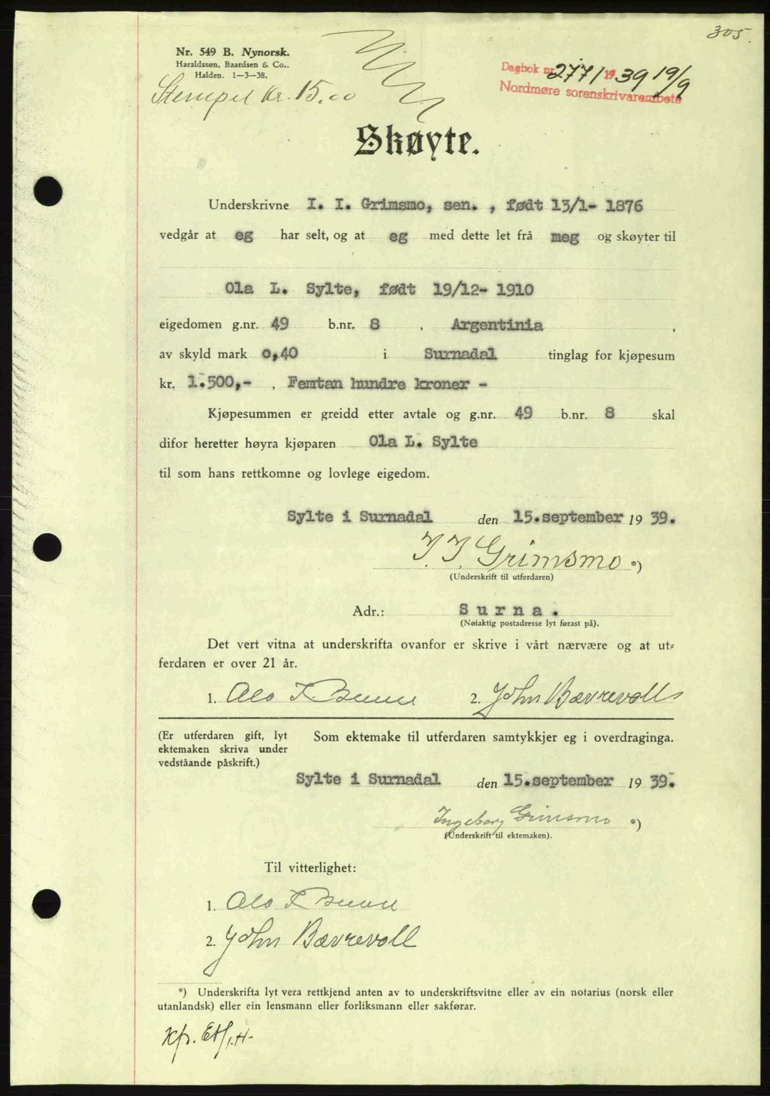 Nordmøre sorenskriveri, AV/SAT-A-4132/1/2/2Ca: Mortgage book no. A87, 1939-1940, Diary no: : 2771/1939