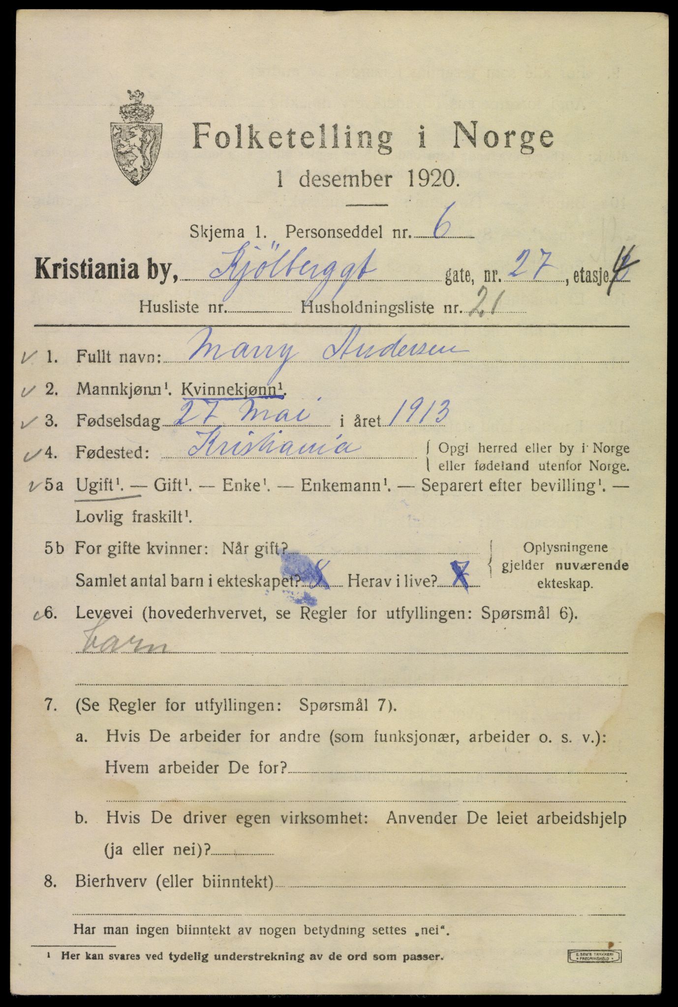 SAO, 1920 census for Kristiania, 1920, p. 343761