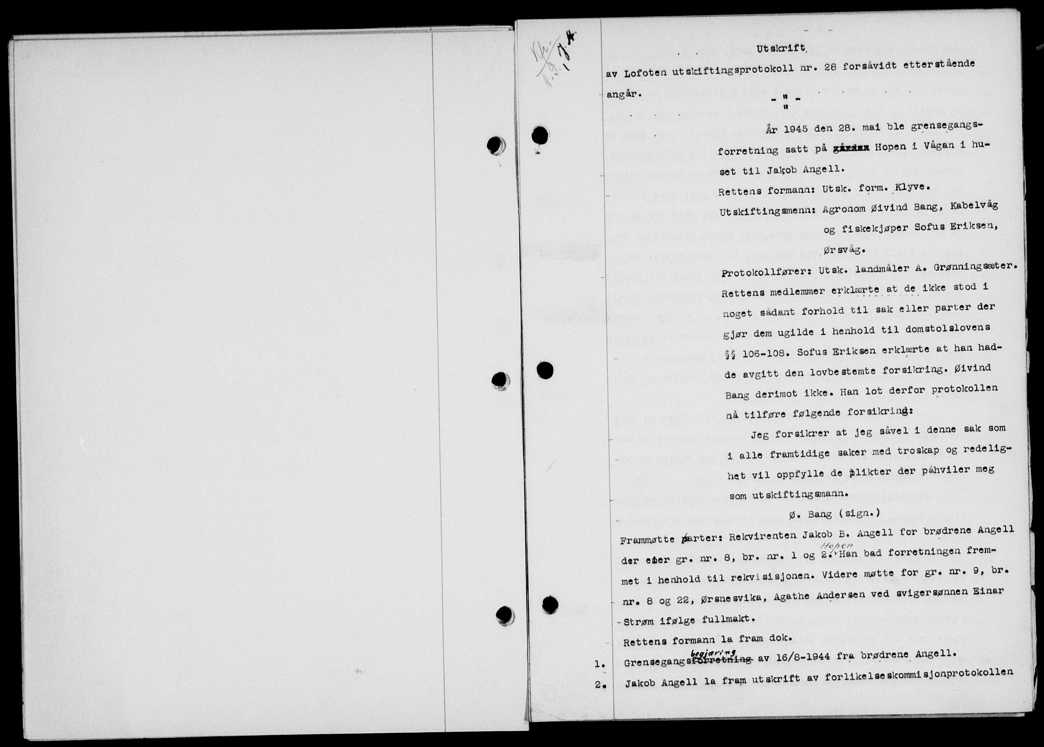 Lofoten sorenskriveri, SAT/A-0017/1/2/2C/L0013a: Mortgage book no. 13a, 1944-1946, Diary no: : 993/1945