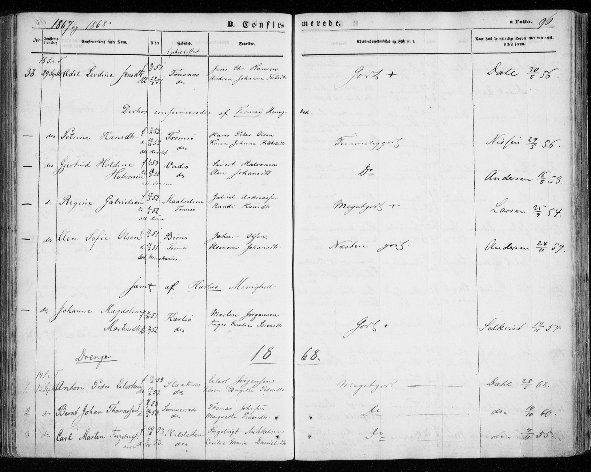 Tromsøysund sokneprestkontor, SATØ/S-1304/G/Ga/L0002kirke: Parish register (official) no. 2, 1867-1875, p. 96