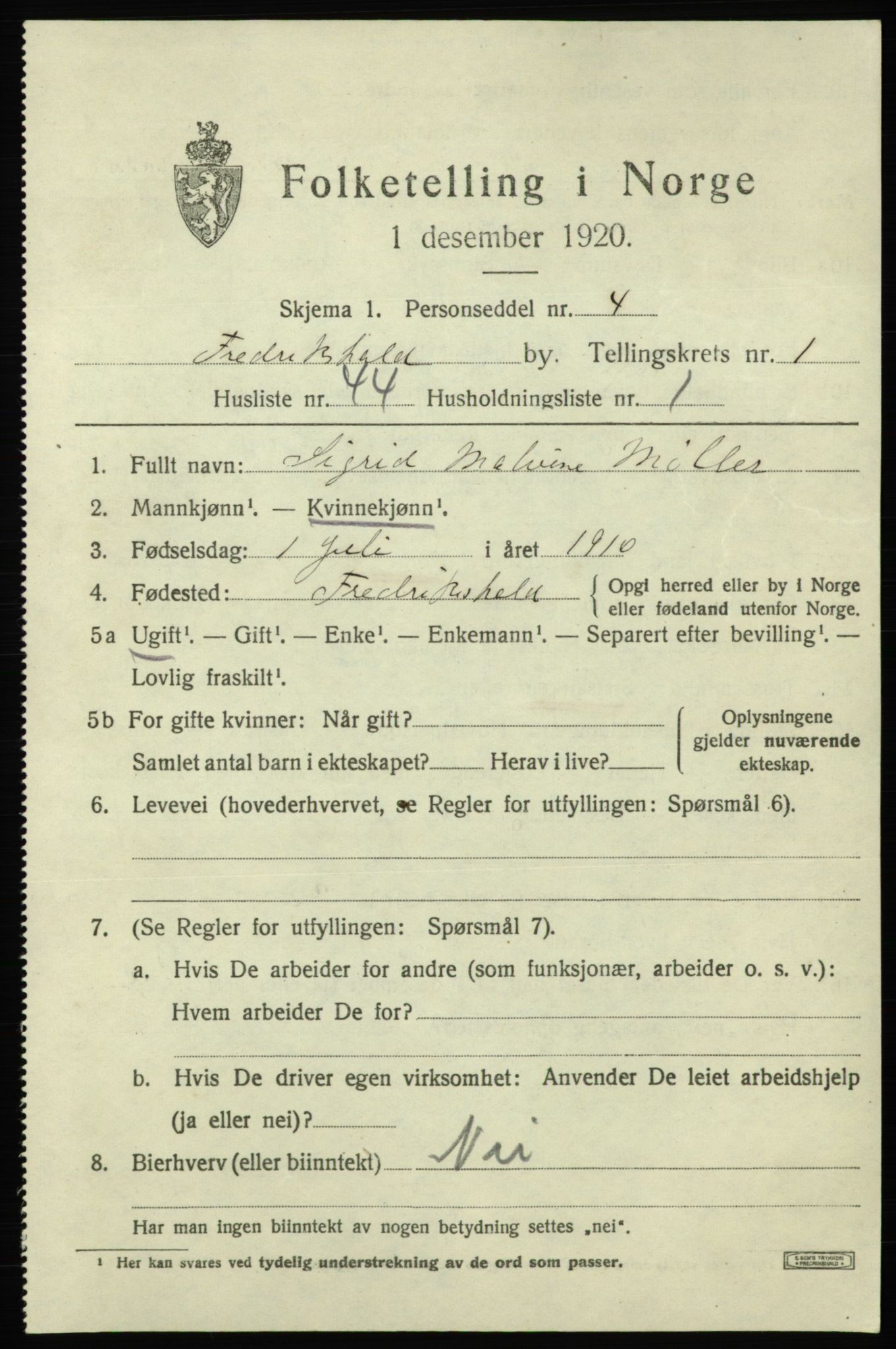 SAO, 1920 census for Fredrikshald, 1920, p. 8943