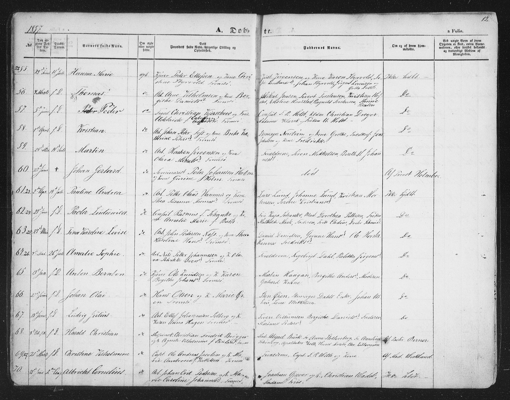 Tromsø sokneprestkontor/stiftsprosti/domprosti, SATØ/S-1343/G/Ga/L0011kirke: Parish register (official) no. 11, 1856-1865, p. 12