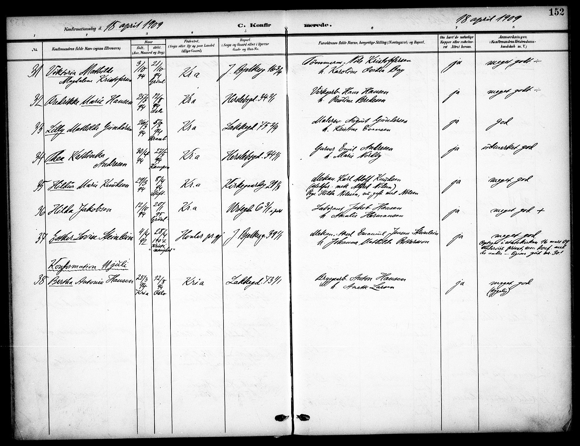 Tøyen prestekontor Kirkebøker, AV/SAO-A-10167a/F/Fa/L0001: Parish register (official) no. I 1, 1907-1916, p. 152