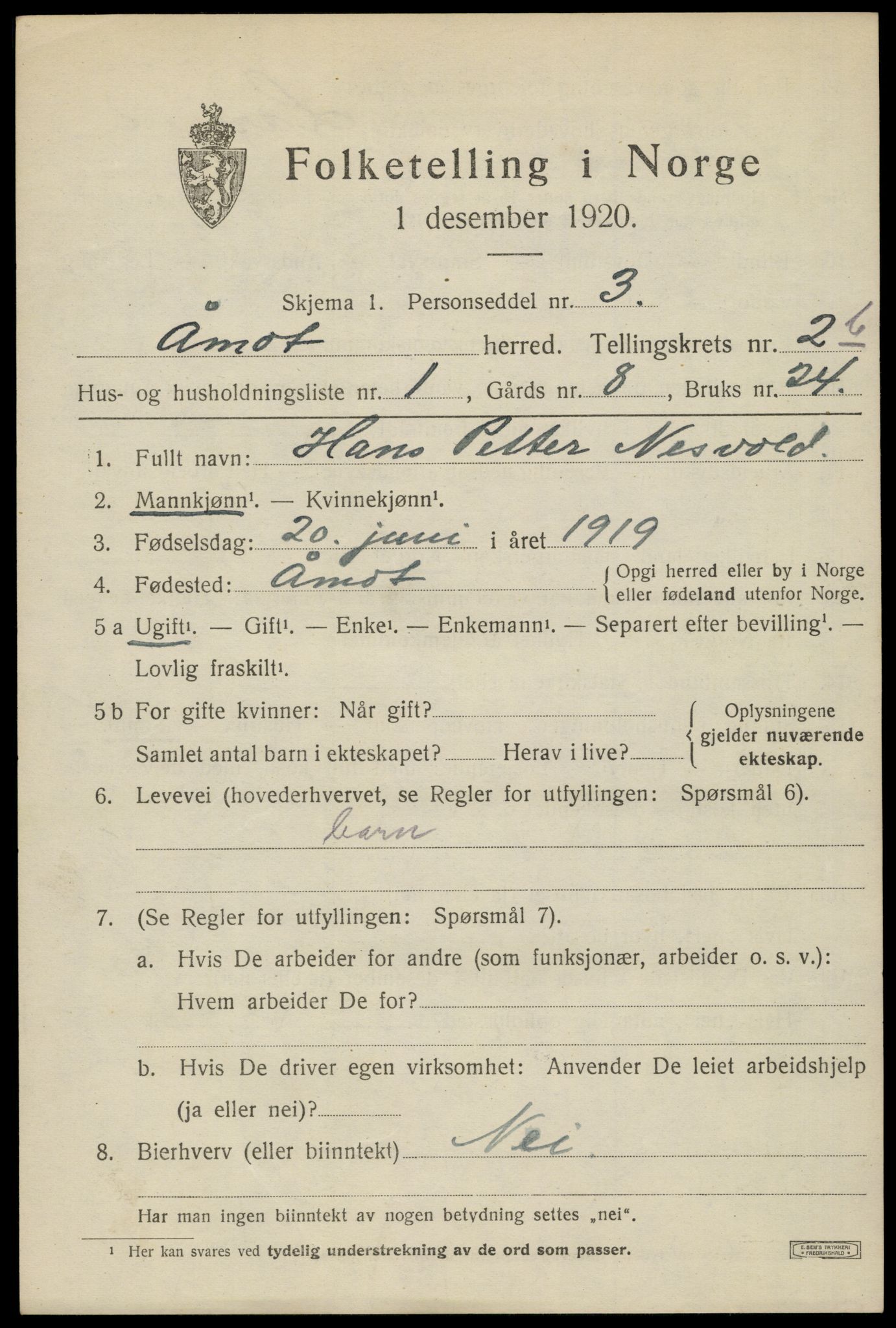 SAH, 1920 census for Åmot, 1920, p. 3837