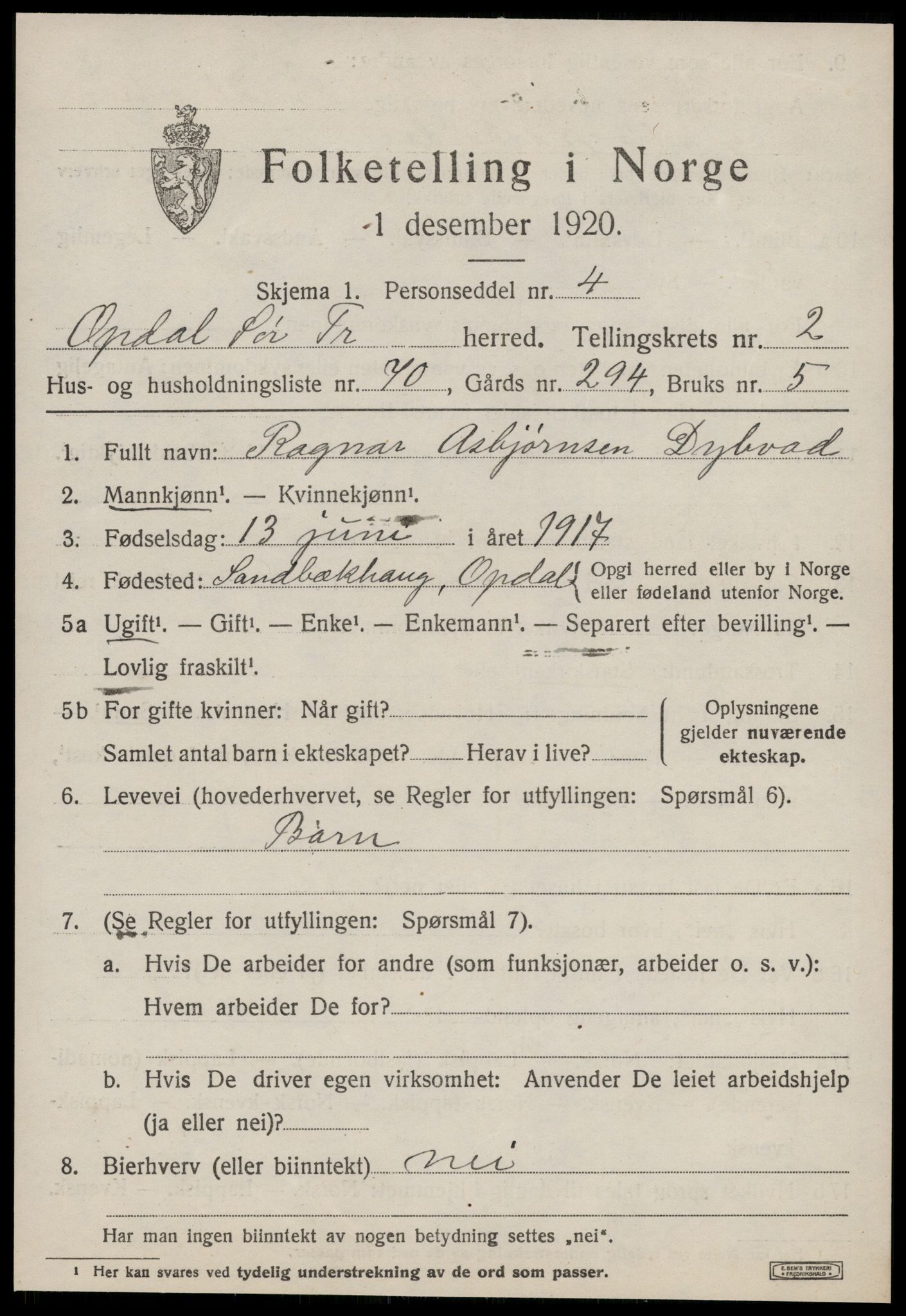 SAT, 1920 census for Oppdal, 1920, p. 3135