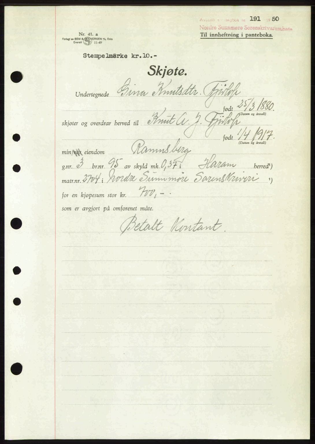 Nordre Sunnmøre sorenskriveri, AV/SAT-A-0006/1/2/2C/2Ca: Mortgage book no. A33, 1949-1950, Diary no: : 191/1950