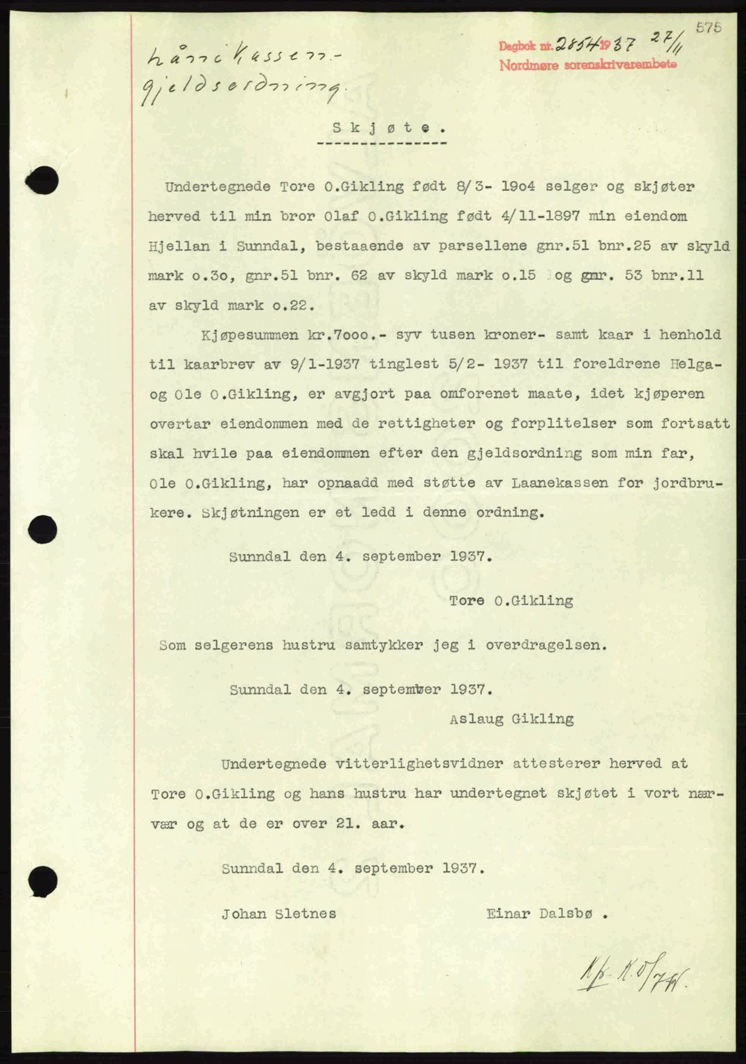 Nordmøre sorenskriveri, SAT/A-4132/1/2/2Ca: Mortgage book no. A82, 1937-1938, Diary no: : 2854/1937