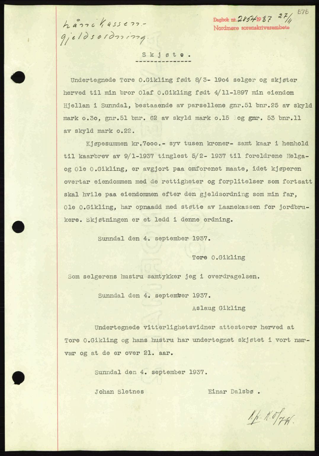 Nordmøre sorenskriveri, AV/SAT-A-4132/1/2/2Ca: Mortgage book no. A82, 1937-1938, Diary no: : 2854/1937