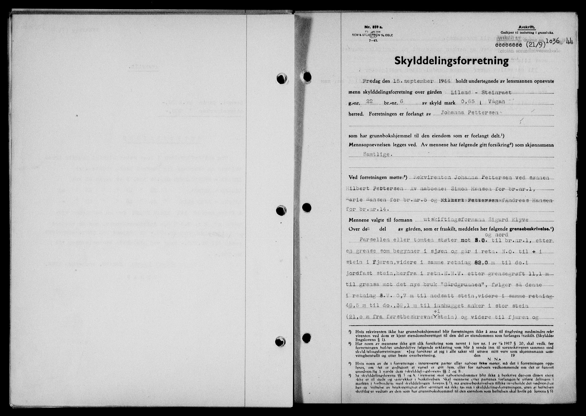 Lofoten sorenskriveri, SAT/A-0017/1/2/2C/L0012a: Mortgage book no. 12a, 1943-1944, Diary no: : 1036/1944