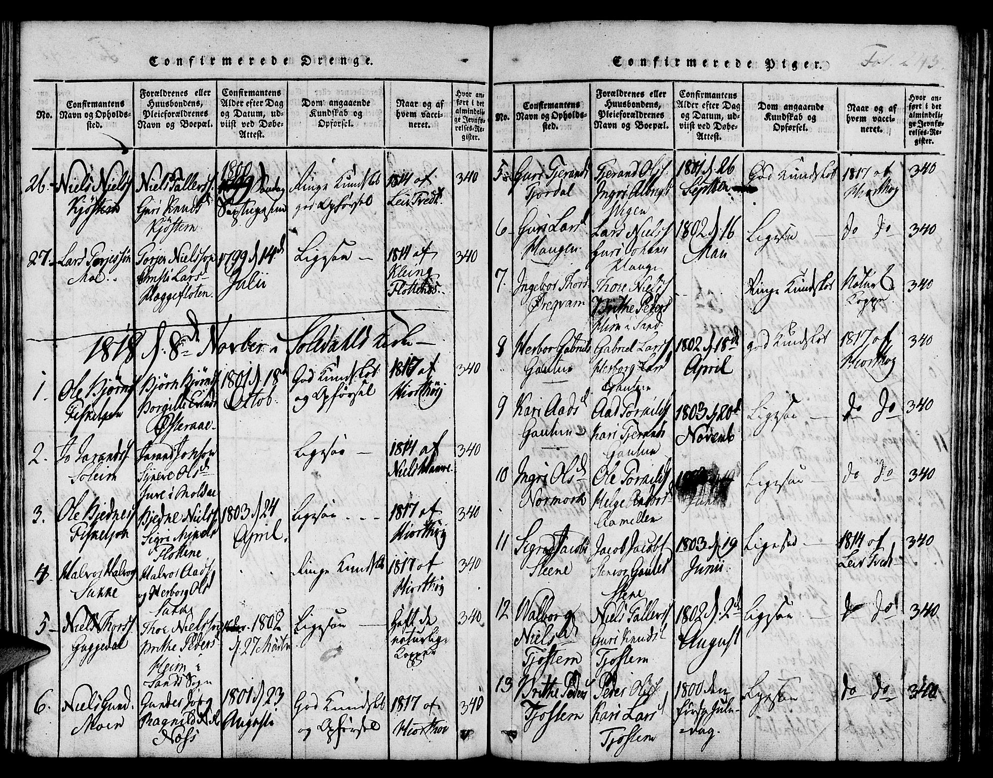 Suldal sokneprestkontor, SAST/A-101845/01/IV/L0006: Parish register (official) no. A 6, 1816-1836, p. 243