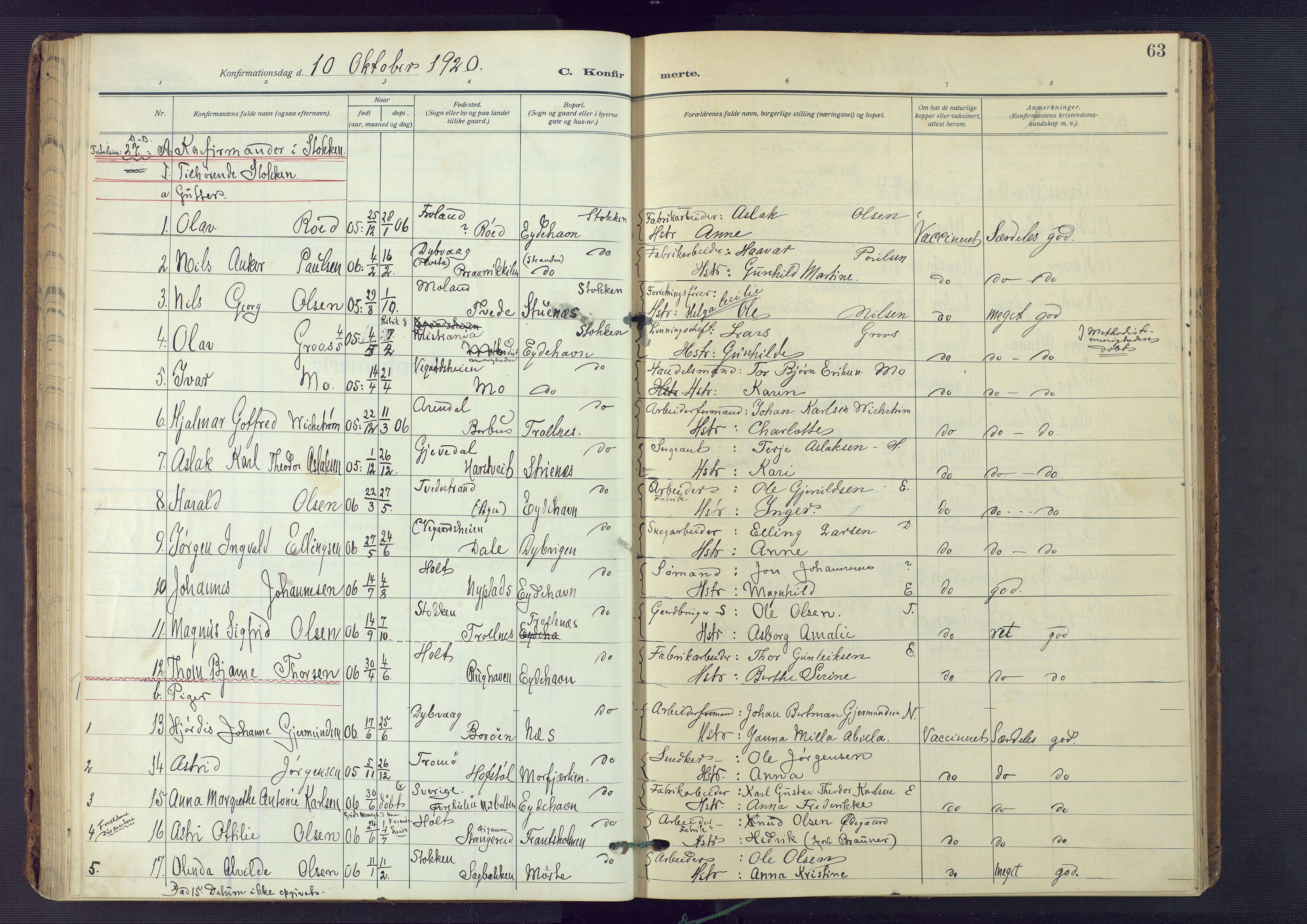 Austre Moland sokneprestkontor, SAK/1111-0001/F/Fa/Fab/L0003: Parish register (official) no. A 3, 1914-1927, p. 63