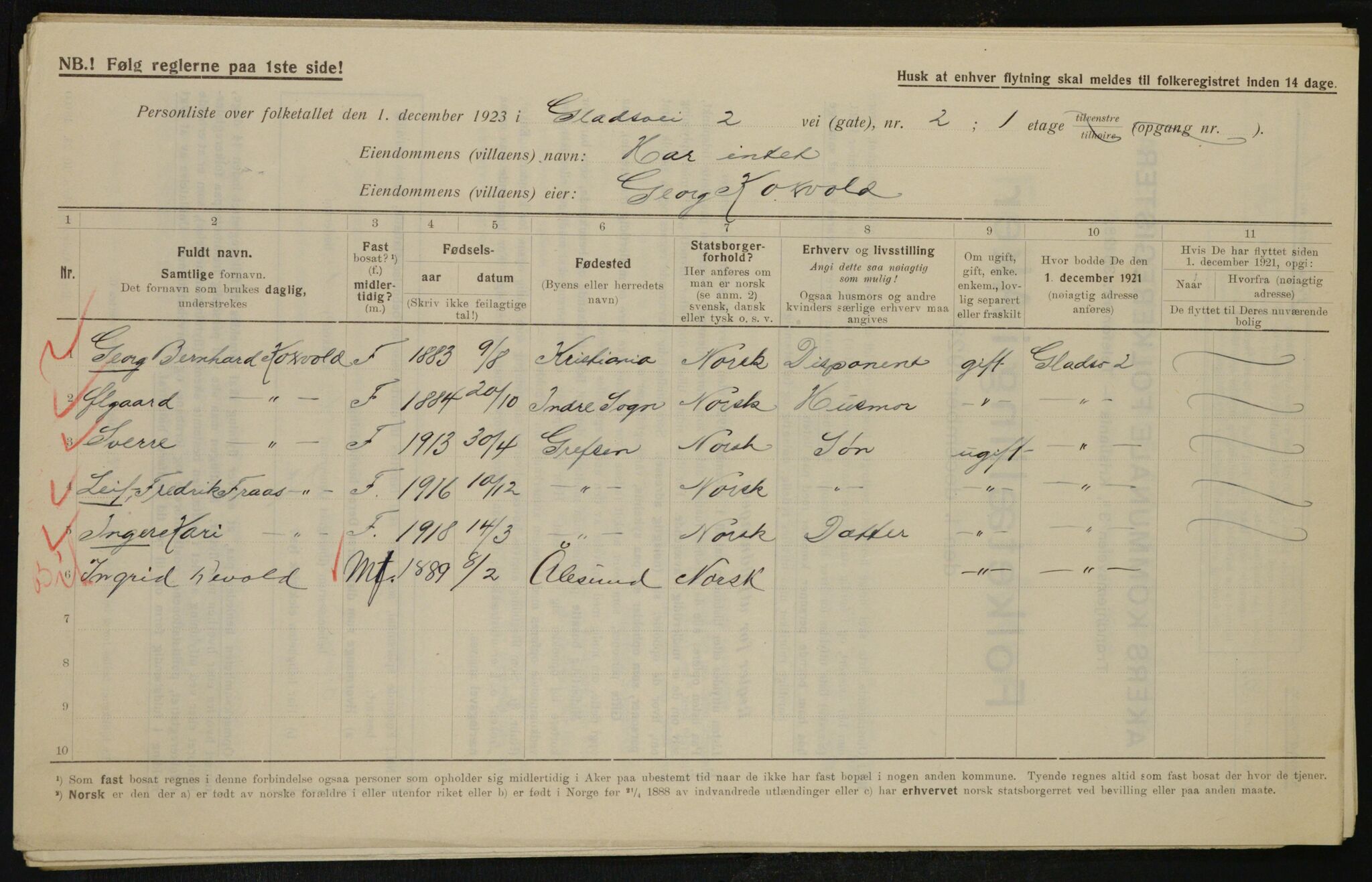 , Municipal Census 1923 for Aker, 1923, p. 9961