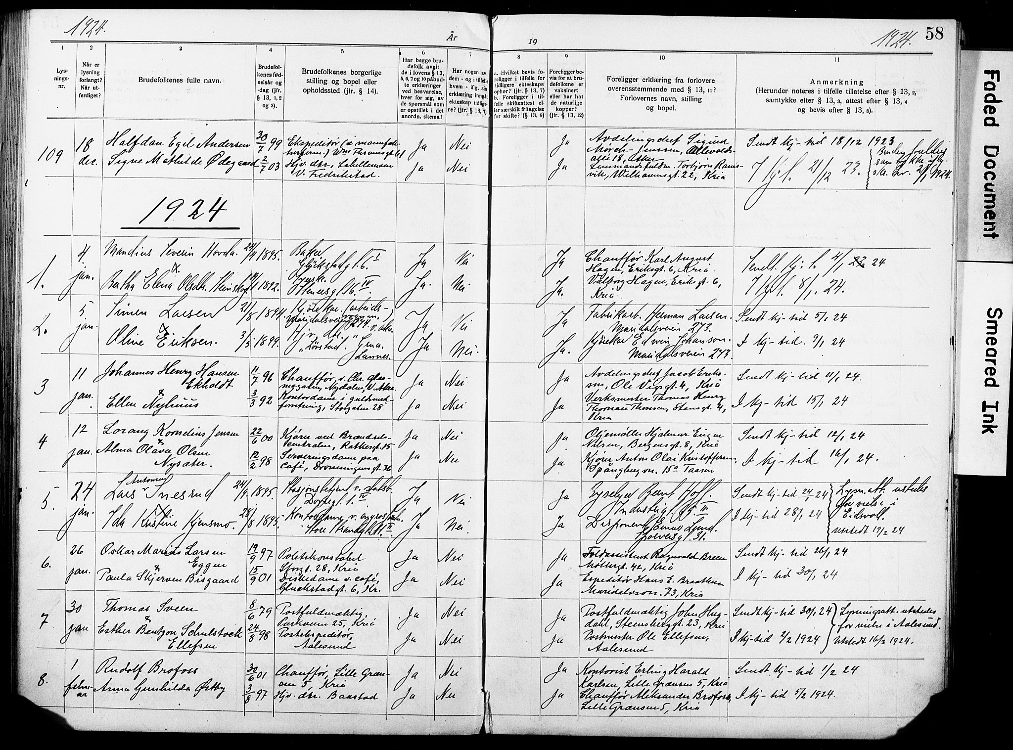 Oslo domkirke Kirkebøker, AV/SAO-A-10752/H/Ha/L0006: Banns register no. 6, 1919-1928, p. 58