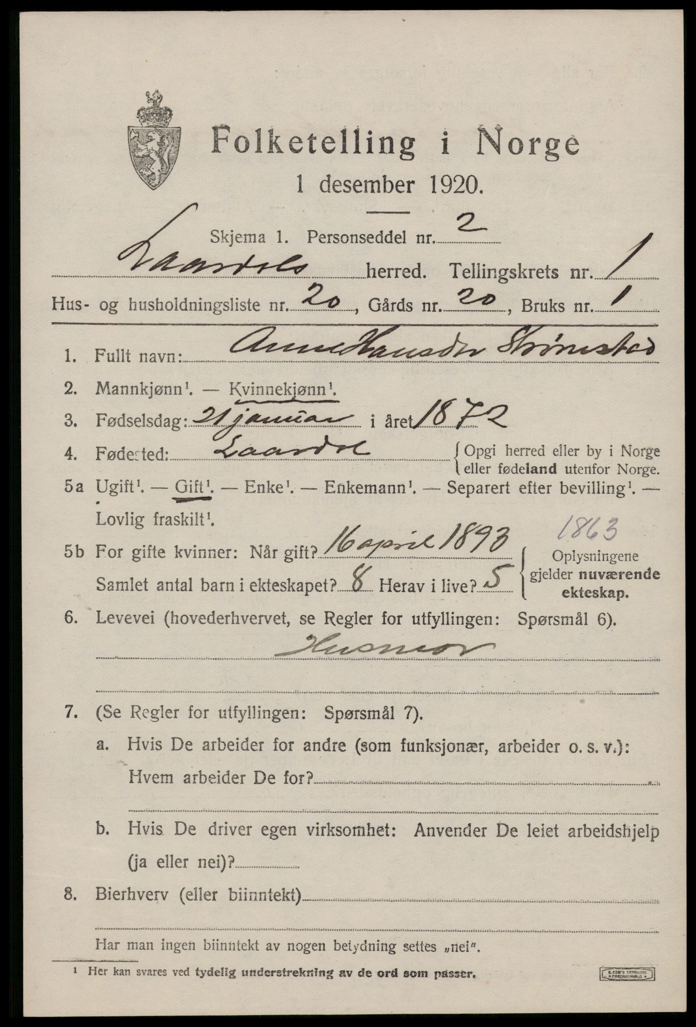 SAKO, 1920 census for Lårdal, 1920, p. 845