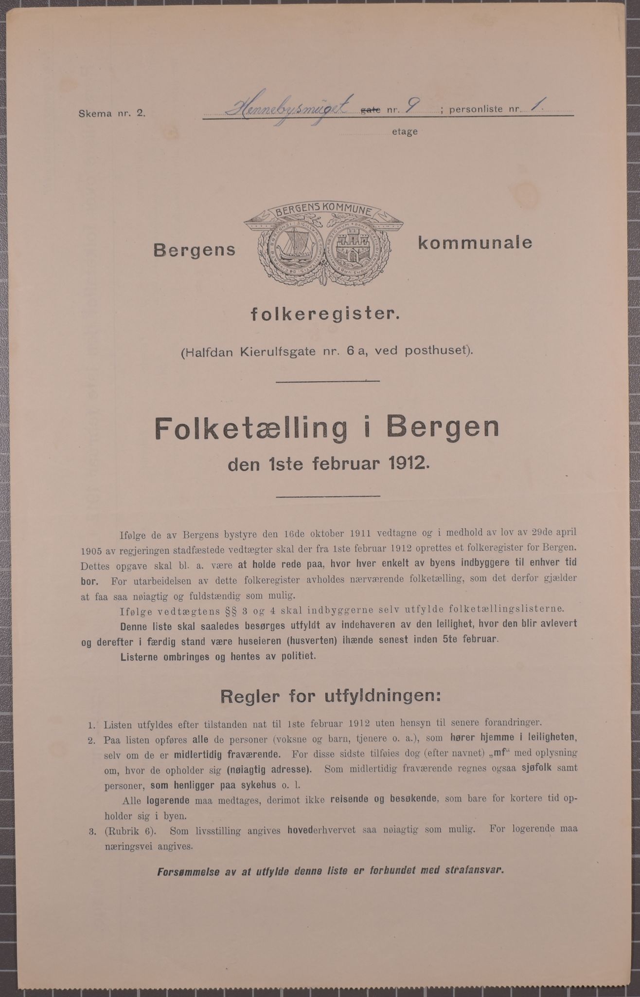 SAB, Municipal Census 1912 for Bergen, 1912, p. 2240