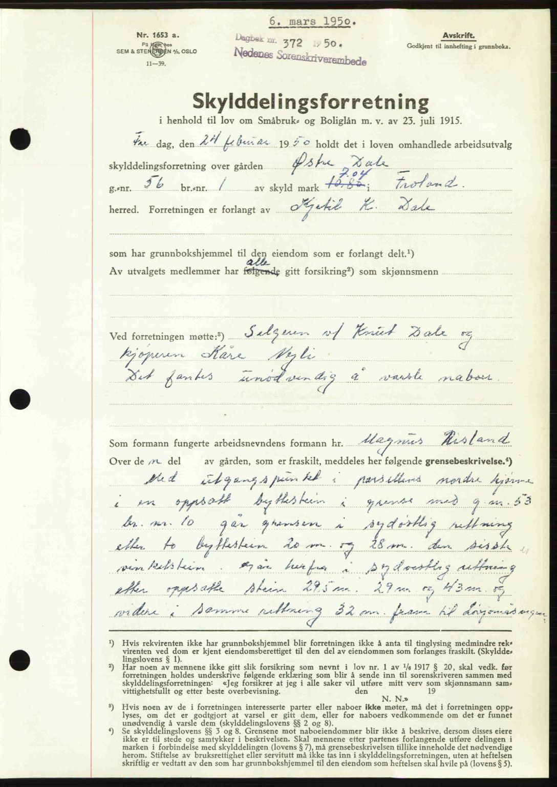 Nedenes sorenskriveri, AV/SAK-1221-0006/G/Gb/Gba/L0062: Mortgage book no. A14, 1949-1950, Diary no: : 372/1950