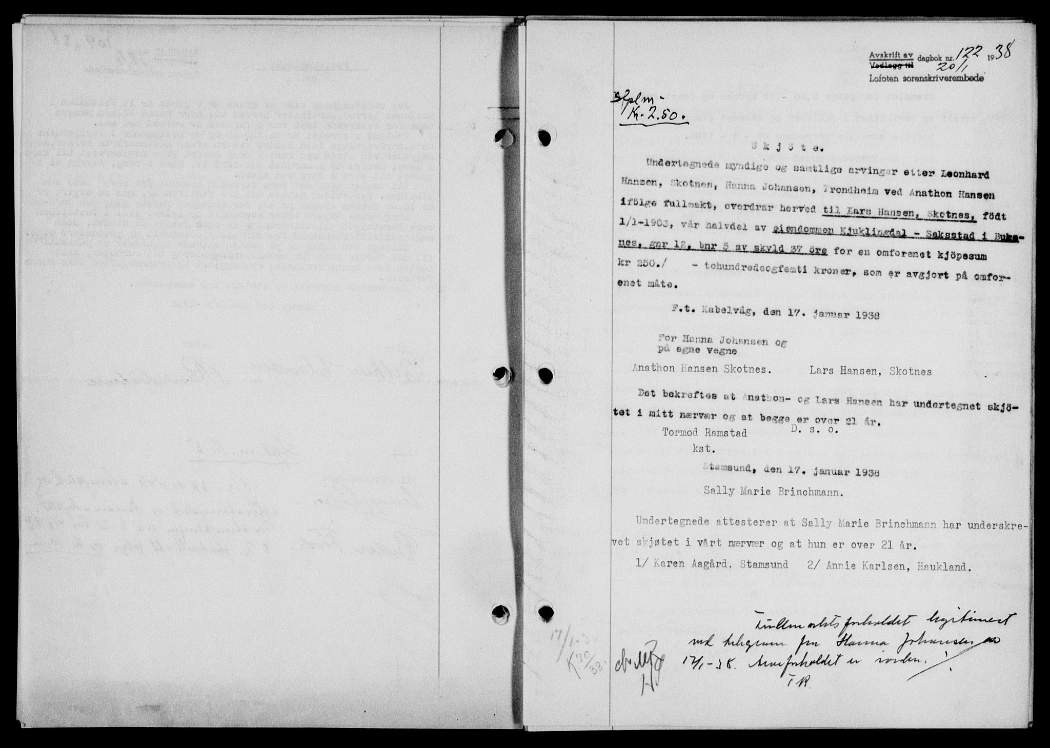 Lofoten sorenskriveri, SAT/A-0017/1/2/2C/L0003a: Mortgage book no. 3a, 1937-1938, Diary no: : 122/1938