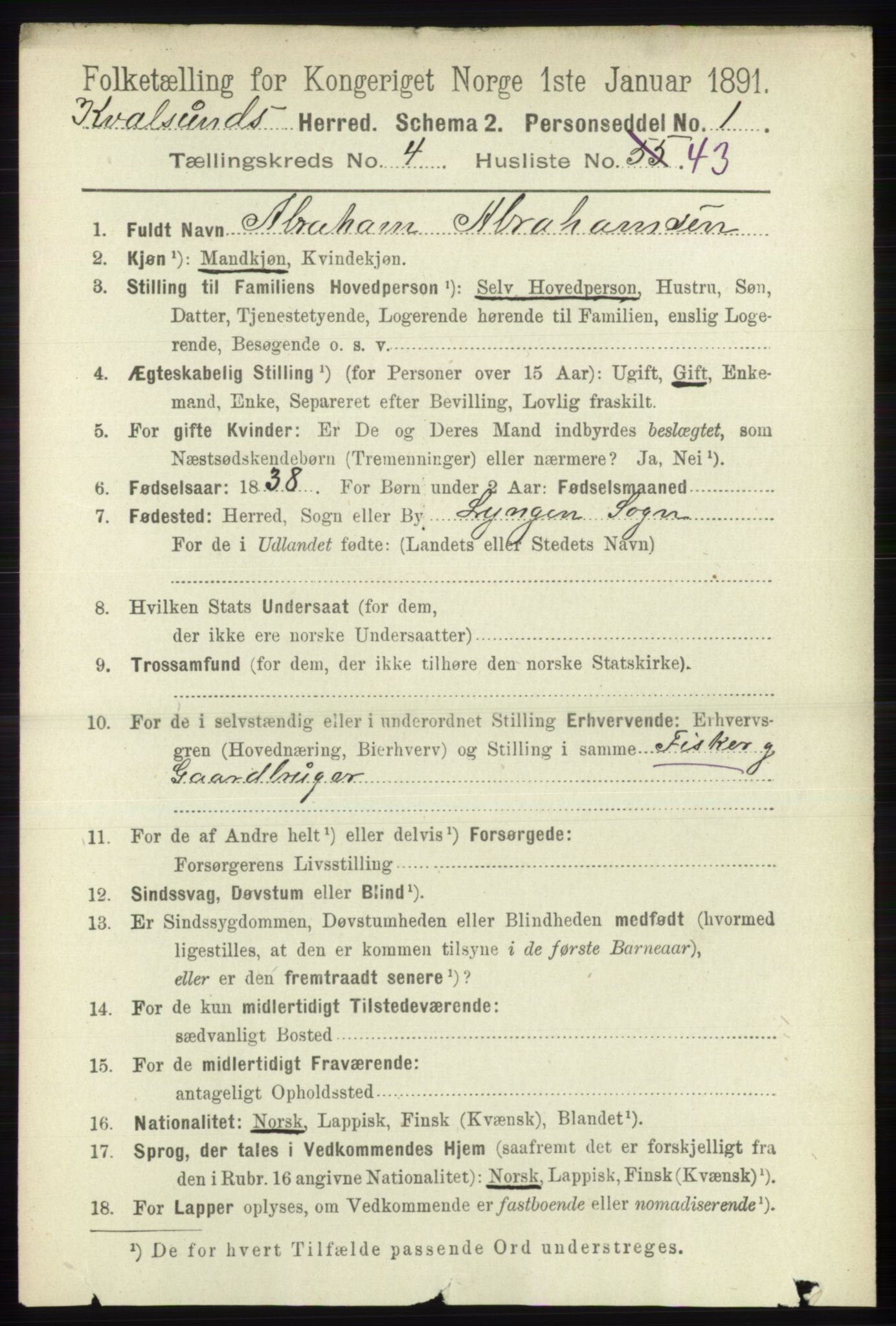 RA, 1891 census for 2017 Kvalsund, 1891, p. 450