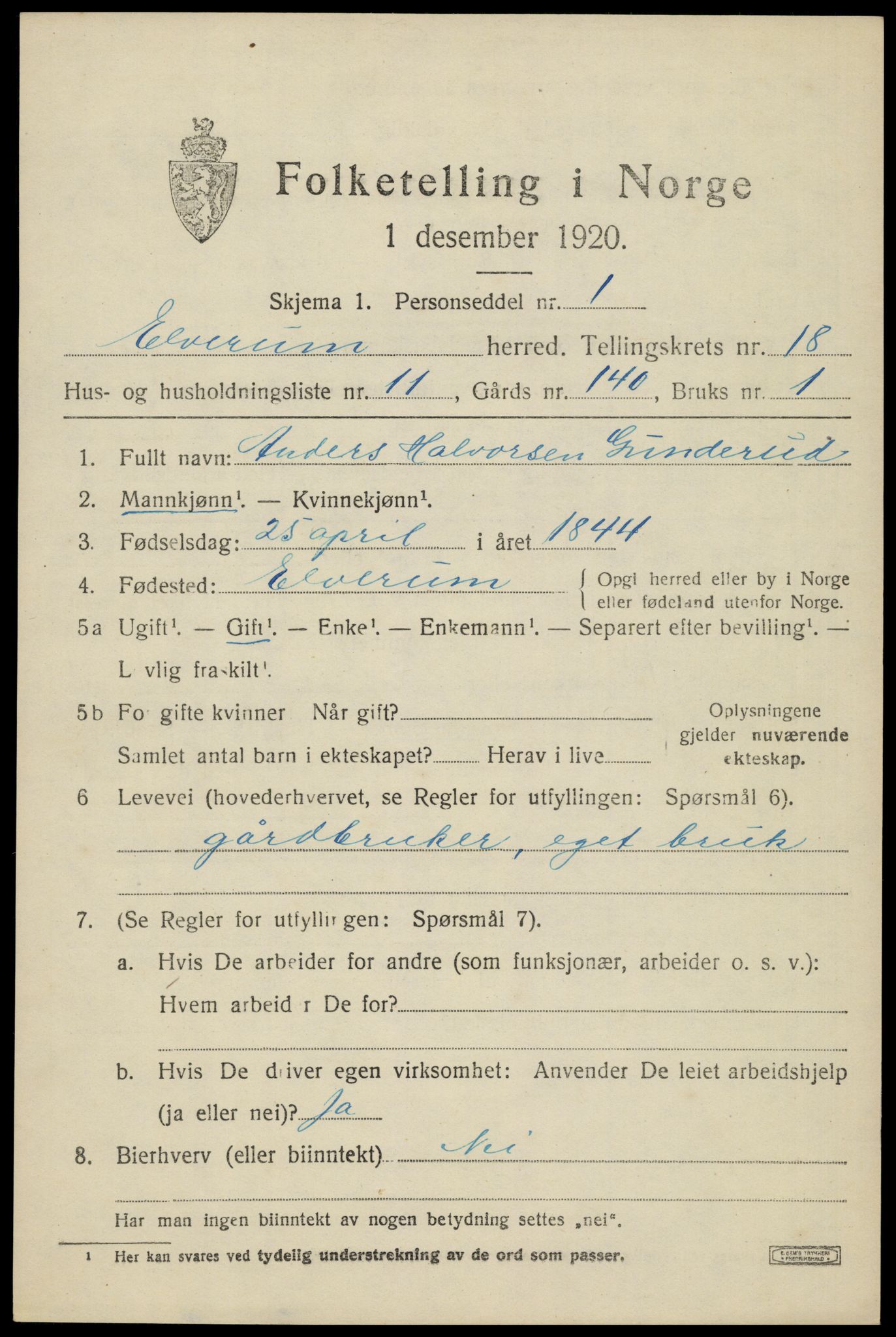 SAH, 1920 census for Elverum, 1920, p. 22200