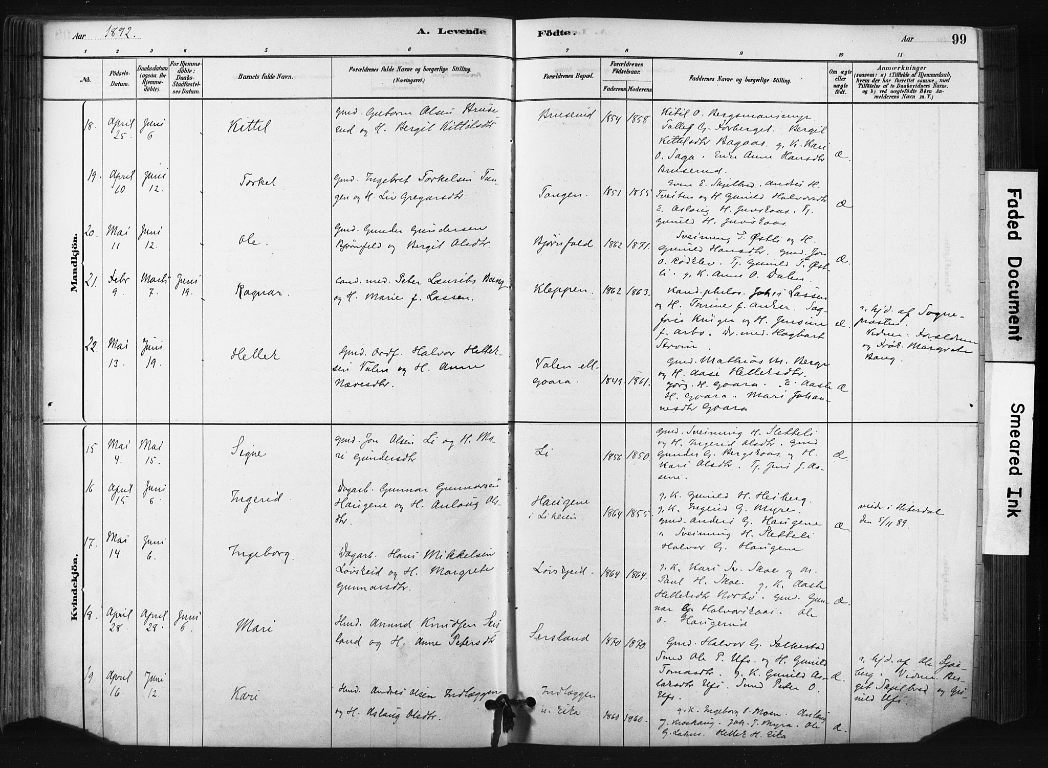 Bø kirkebøker, AV/SAKO-A-257/F/Fa/L0010: Parish register (official) no. 10, 1880-1892, p. 99