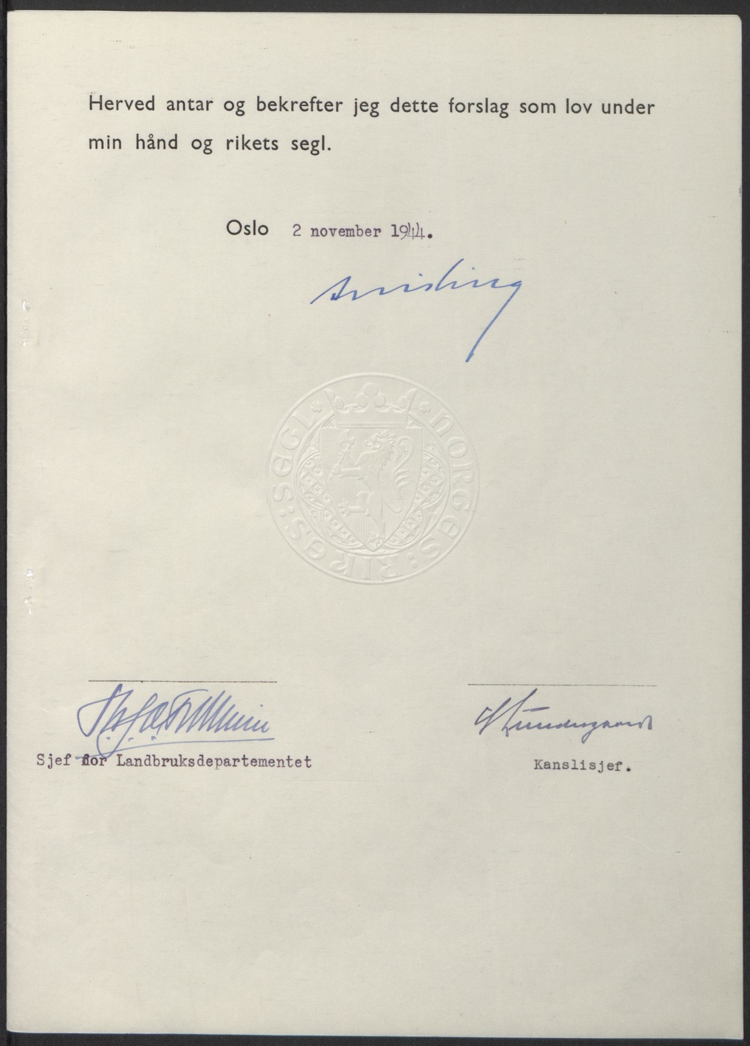 NS-administrasjonen 1940-1945 (Statsrådsekretariatet, de kommisariske statsråder mm), AV/RA-S-4279/D/Db/L0100: Lover, 1944, p. 552