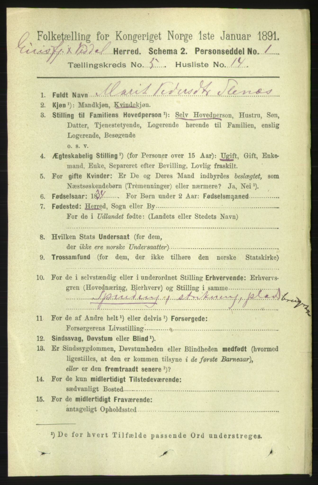 RA, 1891 census for 1542 Eresfjord og Vistdal, 1891, p. 1195