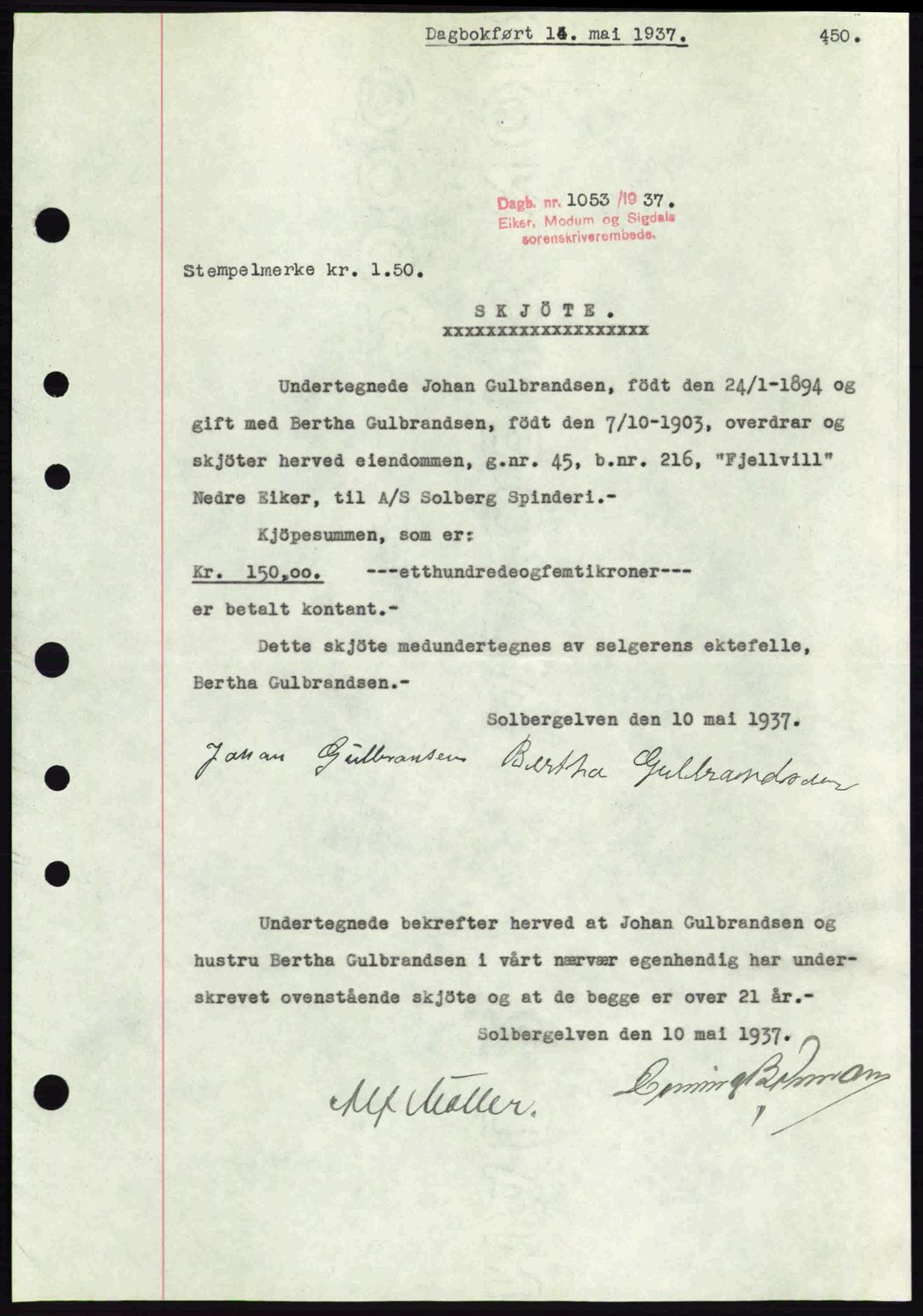 Eiker, Modum og Sigdal sorenskriveri, SAKO/A-123/G/Ga/Gab/L0035: Mortgage book no. A5, 1937-1937, Diary no: : 1053/1937