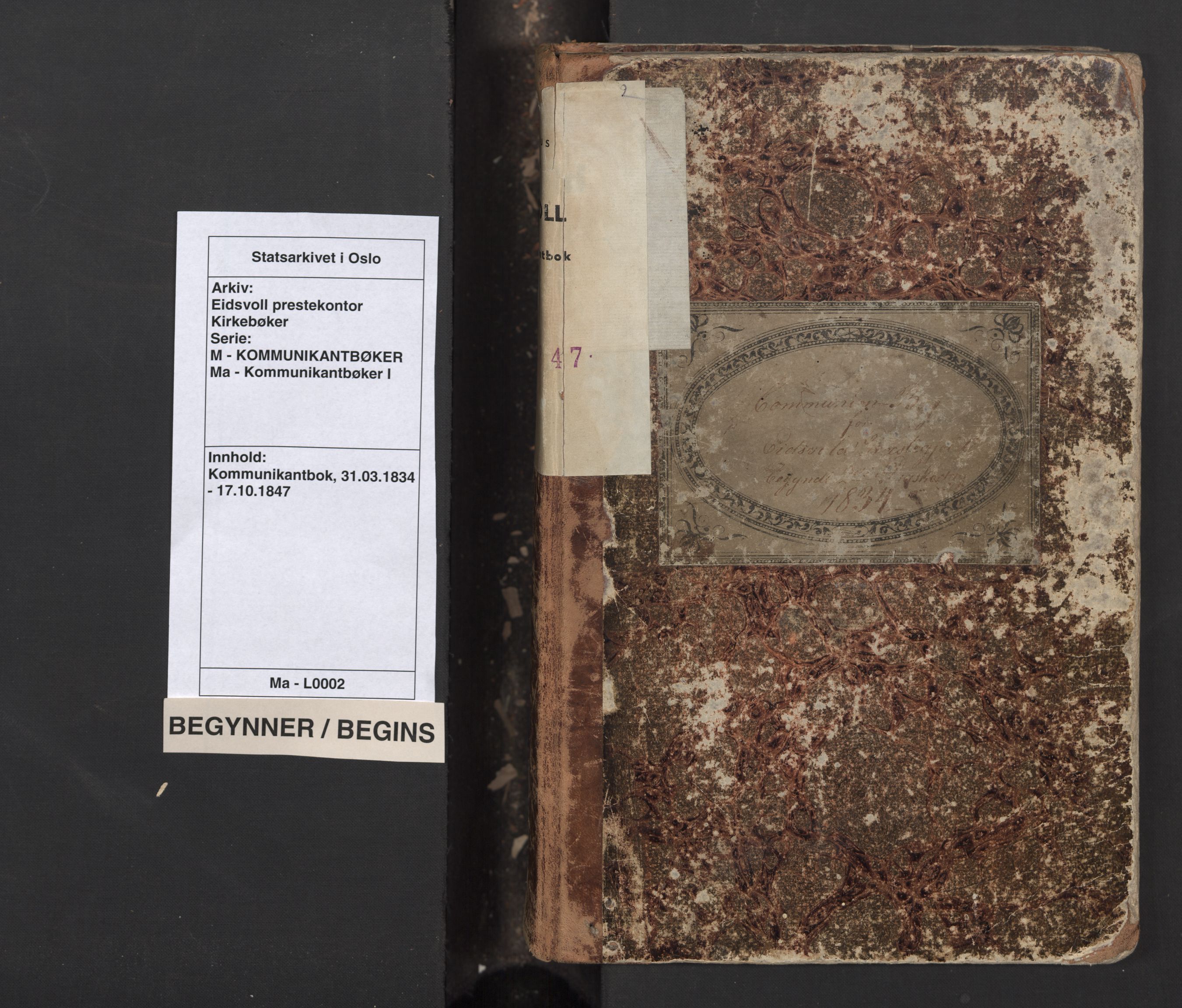 Eidsvoll prestekontor Kirkebøker, SAO/A-10888/M/Ma/L0002: Communicants register no. I 2, 1834-1847