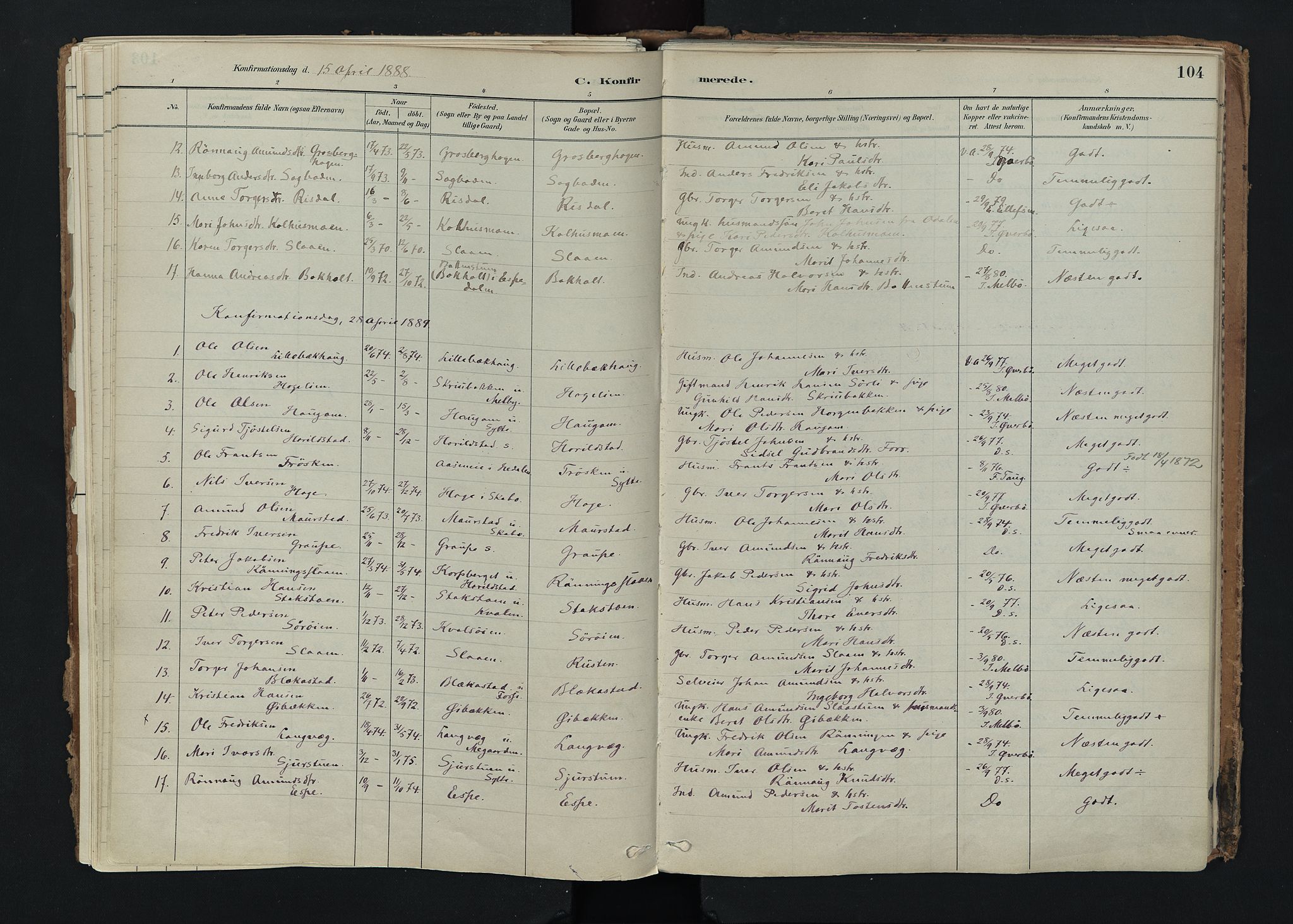 Nord-Fron prestekontor, SAH/PREST-080/H/Ha/Haa/L0005: Parish register (official) no. 5, 1884-1914, p. 104