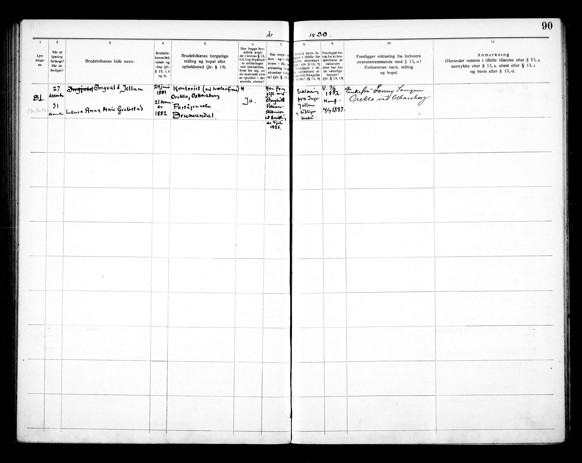 Vålerengen prestekontor Kirkebøker, AV/SAO-A-10878/H/Ha/L0003: Banns register no. 3, 1919-1932, p. 90