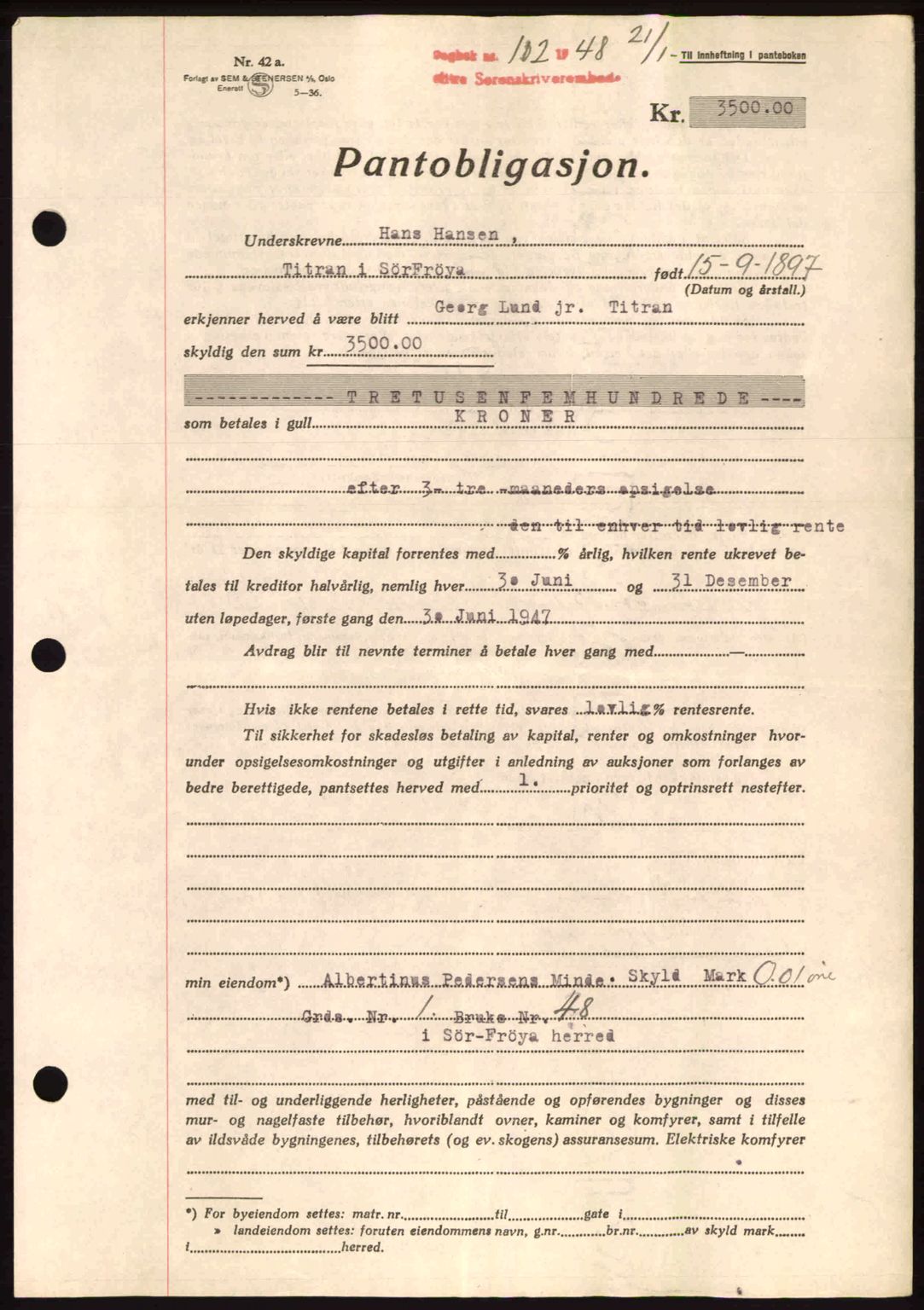 Hitra sorenskriveri, AV/SAT-A-0018/2/2C/2Ca: Mortgage book no. B1, 1939-1949, Diary no: : 102/1948