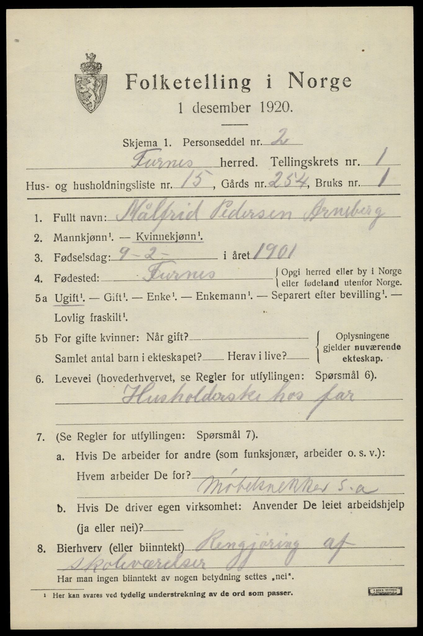 SAH, 1920 census for Furnes, 1920, p. 1811