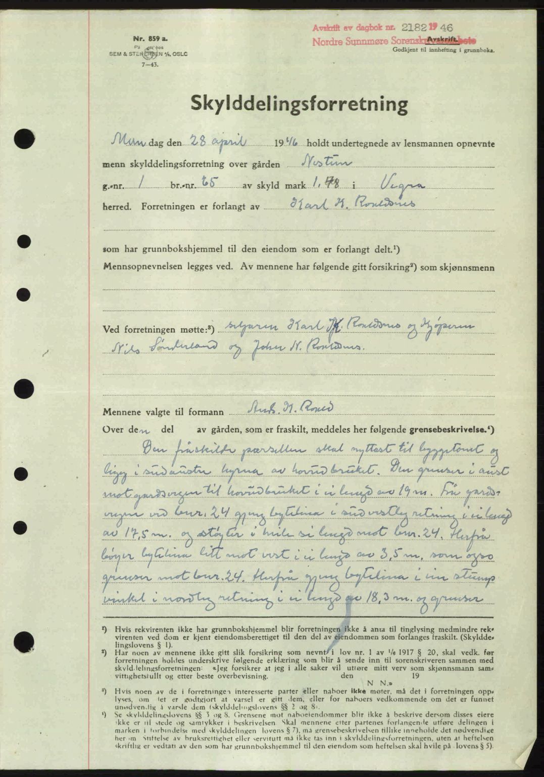 Nordre Sunnmøre sorenskriveri, AV/SAT-A-0006/1/2/2C/2Ca: Mortgage book no. A23, 1946-1947, Diary no: : 2182/1946