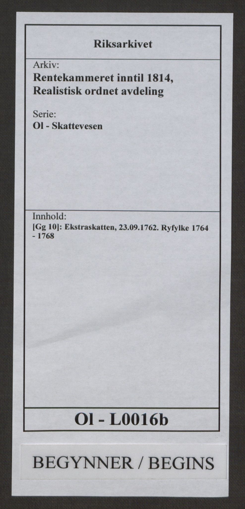 Rentekammeret inntil 1814, Realistisk ordnet avdeling, RA/EA-4070/Ol/L0016b: [Gg 10]: Ekstraskatten, 23.09.1762. Ryfylke, 1764-1768, p. 1