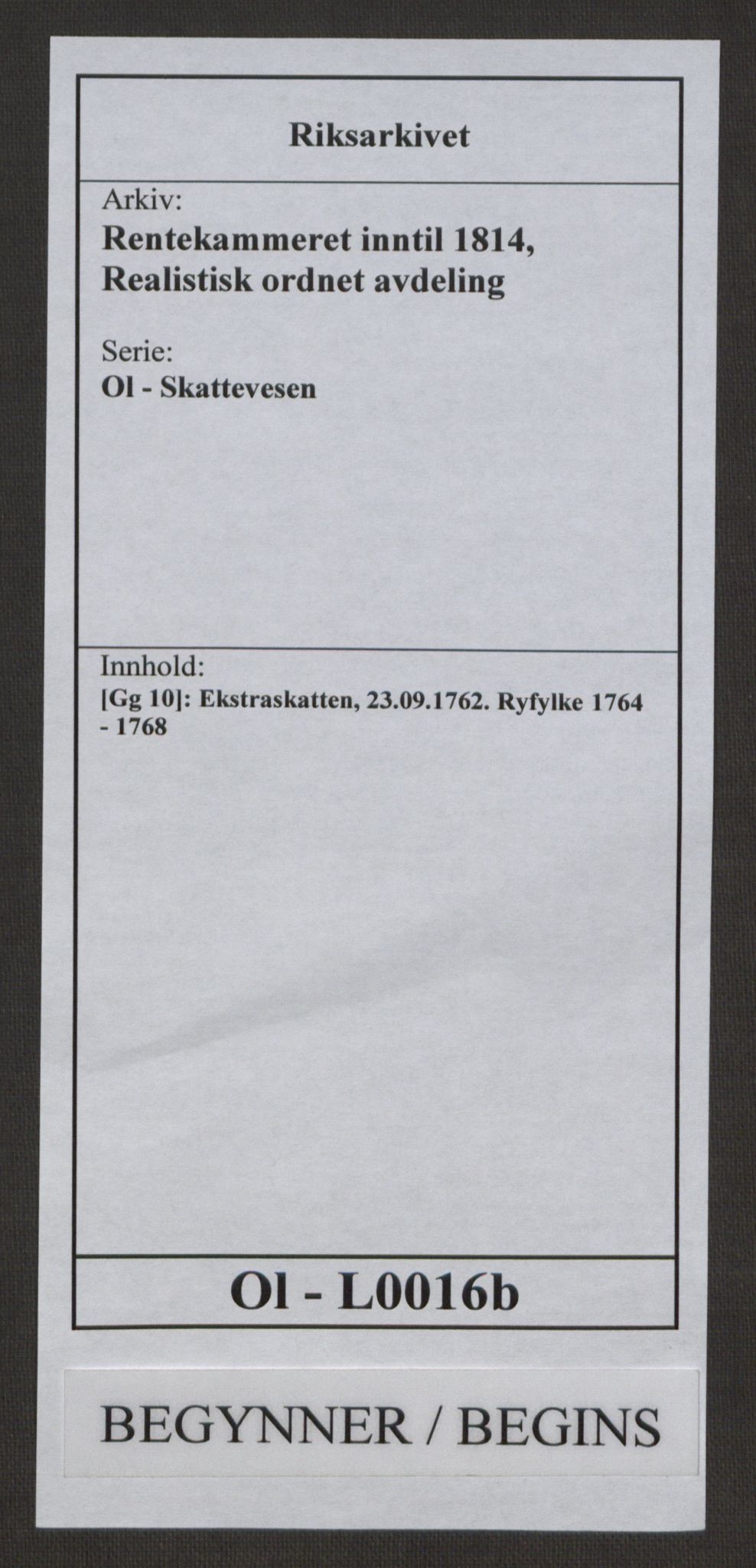 Rentekammeret inntil 1814, Realistisk ordnet avdeling, AV/RA-EA-4070/Ol/L0016b: [Gg 10]: Ekstraskatten, 23.09.1762. Ryfylke, 1764-1768, p. 1